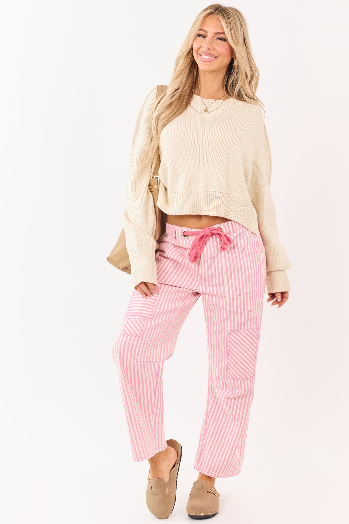 Carnation Striped Waist Tie Wide Patchwork Twill Pants