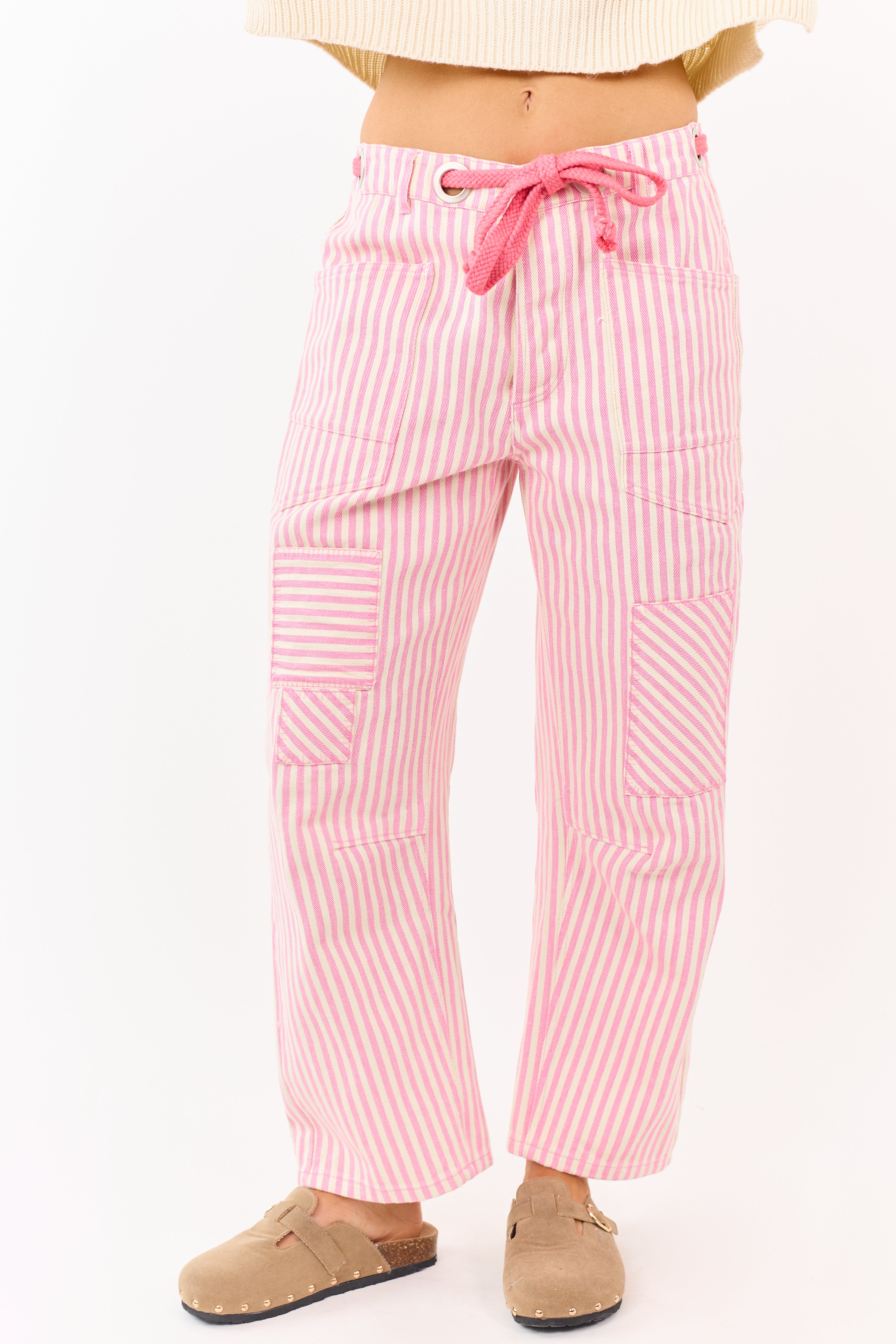 Carnation Striped Waist Tie Wide Patchwork Twill Pants