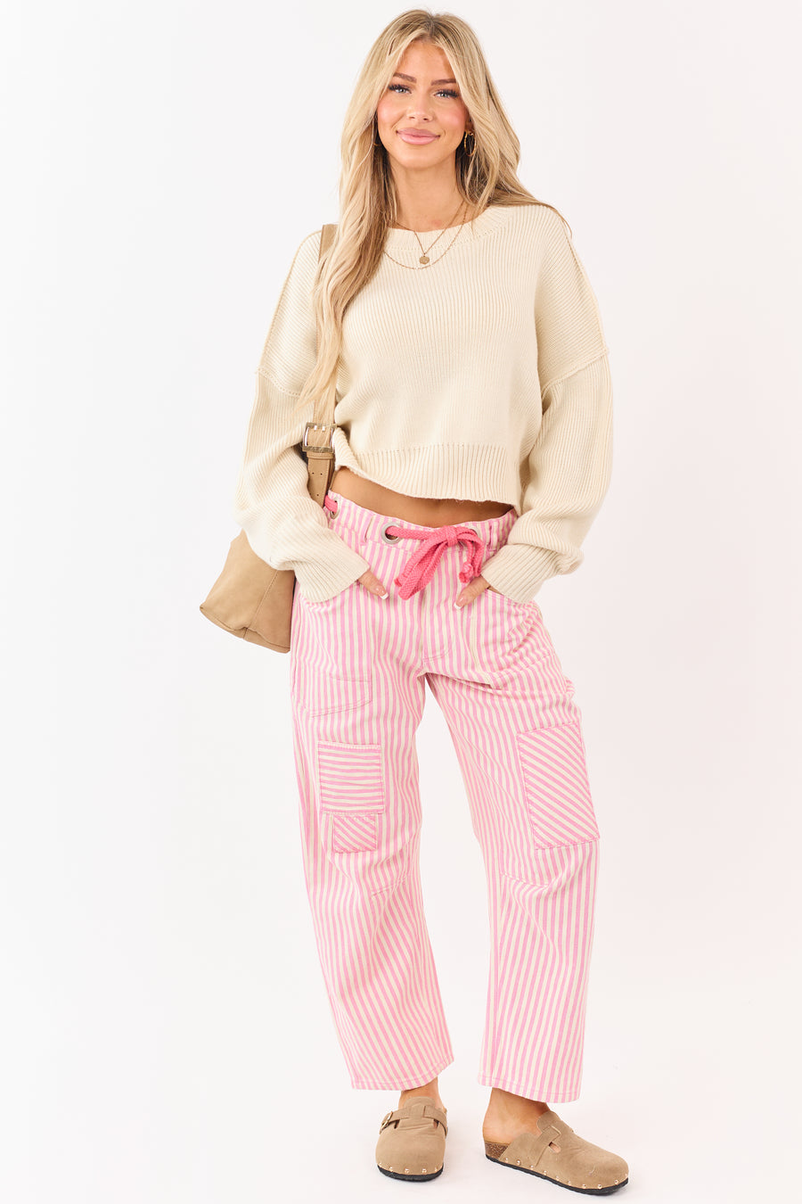 Carnation Striped Waist Tie Wide Patchwork Twill Pants