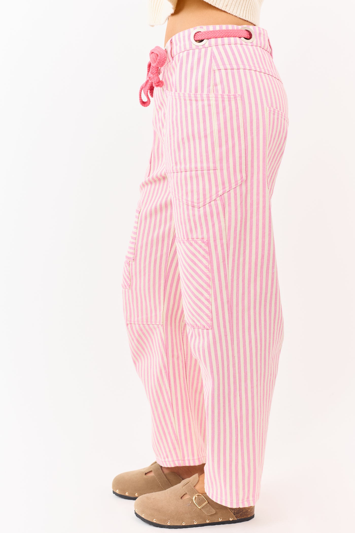 Carnation Striped Waist Tie Wide Patchwork Twill Pants