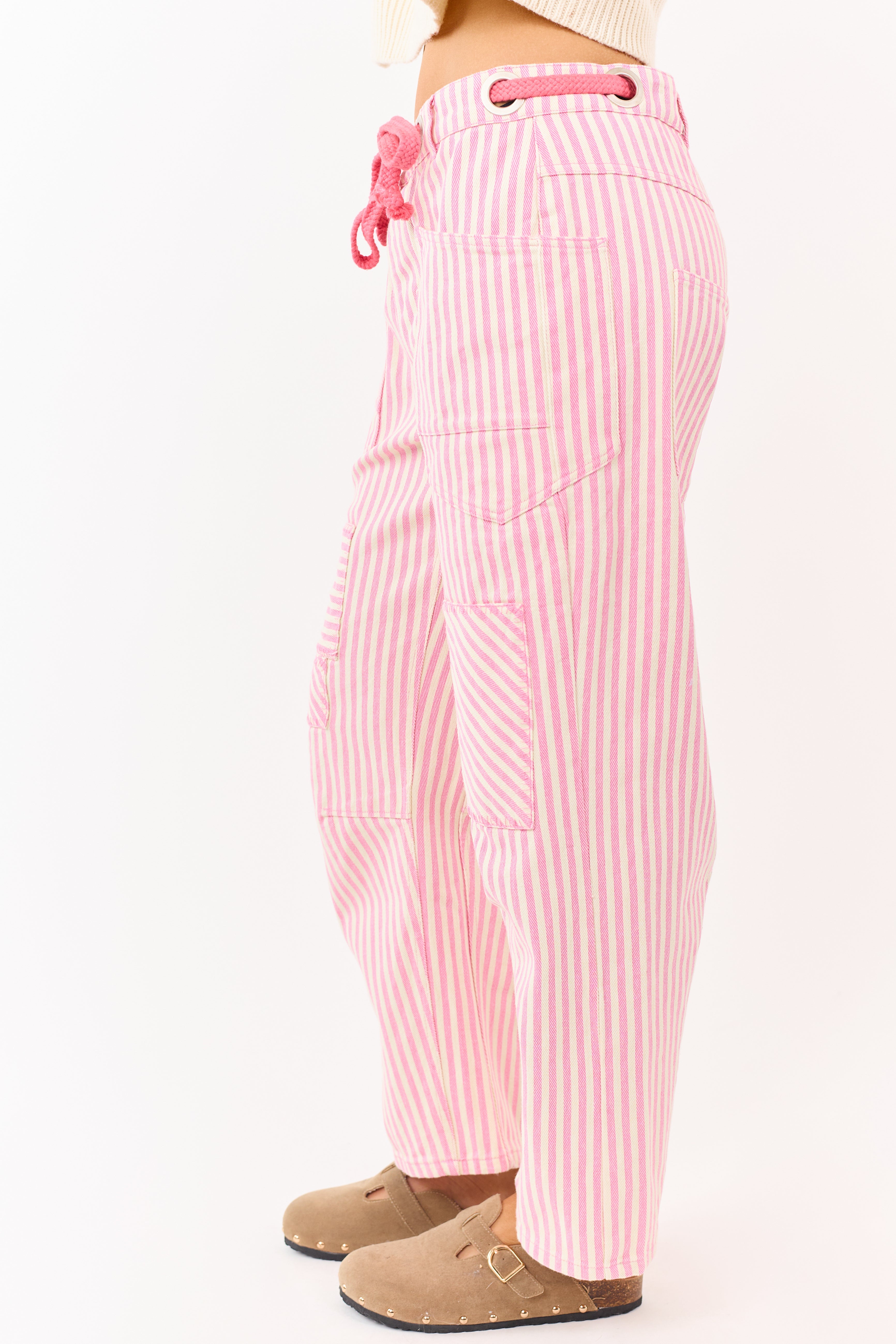Carnation Striped Waist Tie Wide Patchwork Twill Pants