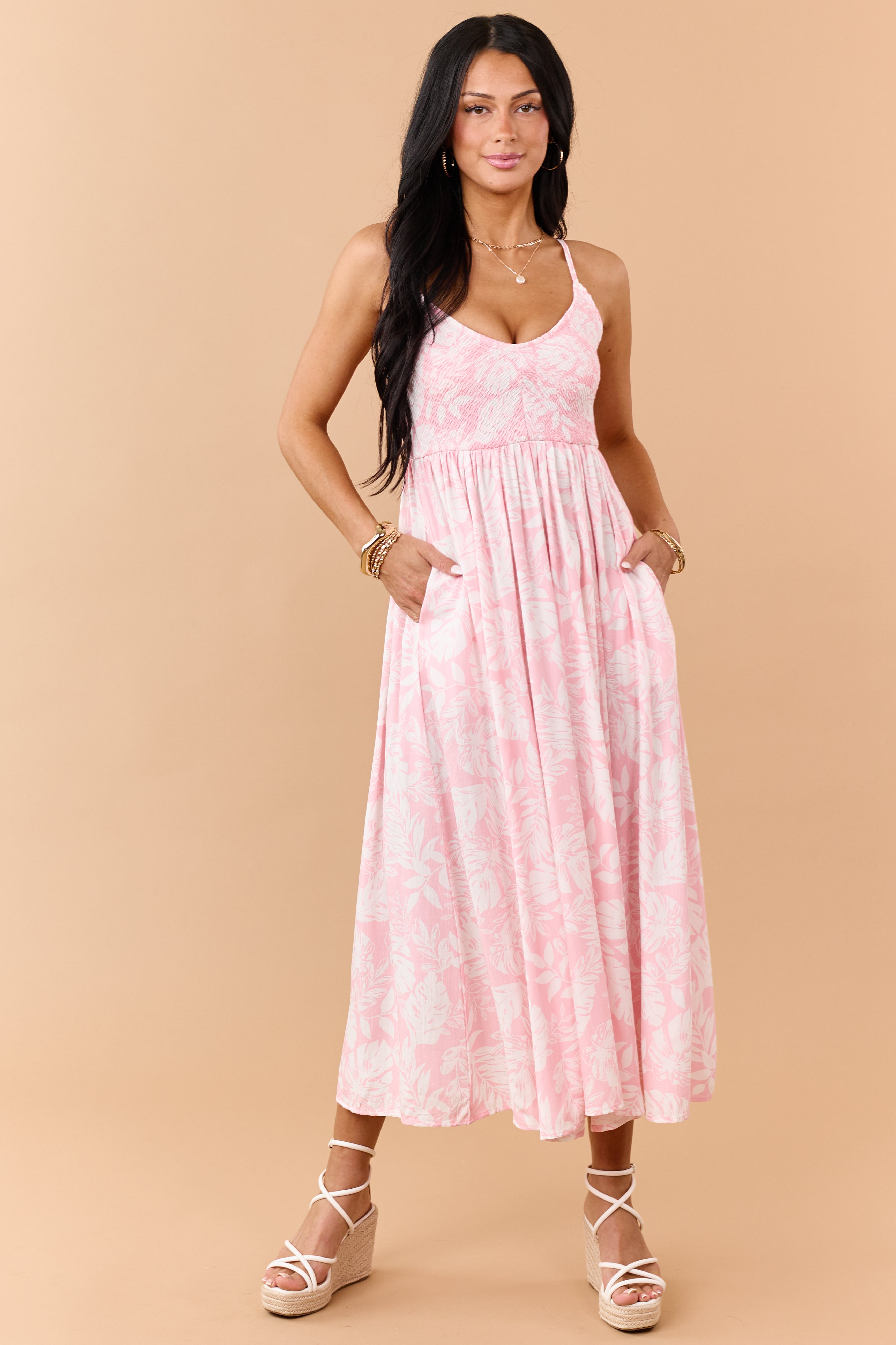 Carnation Tropical Floral Smocked Midi Dress