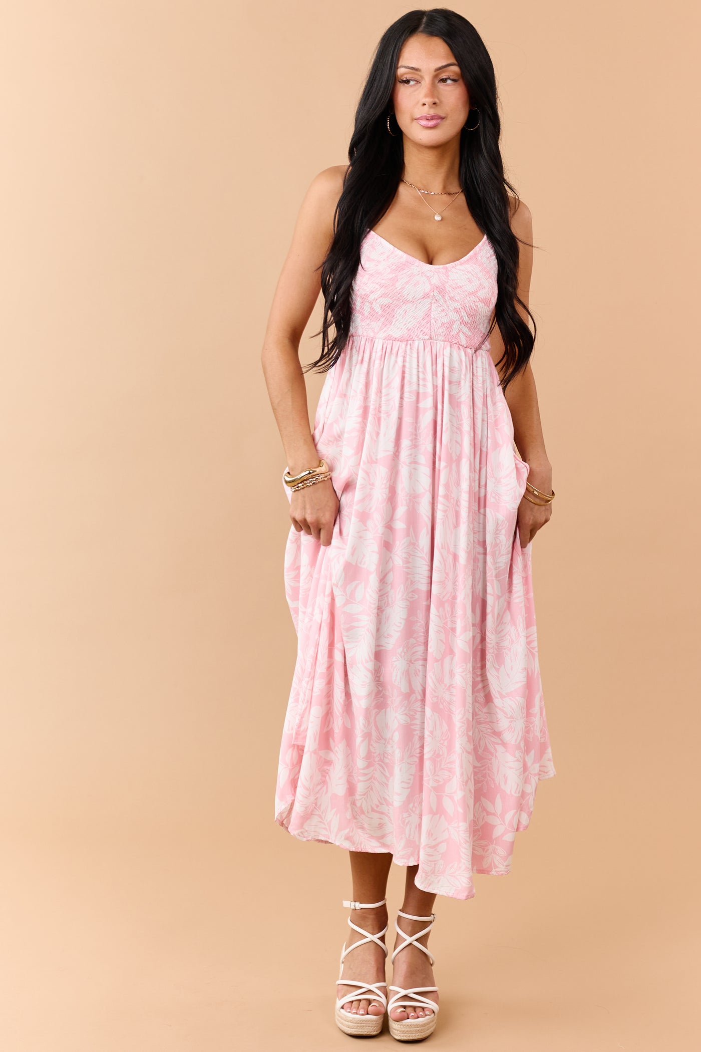 Carnation Tropical Floral Smocked Midi Dress