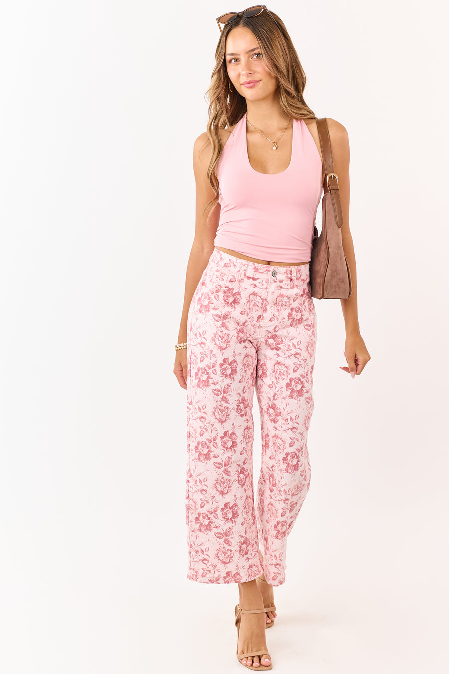 Carnation Vintage Rose Print Stretchy Wide Leg Jeans