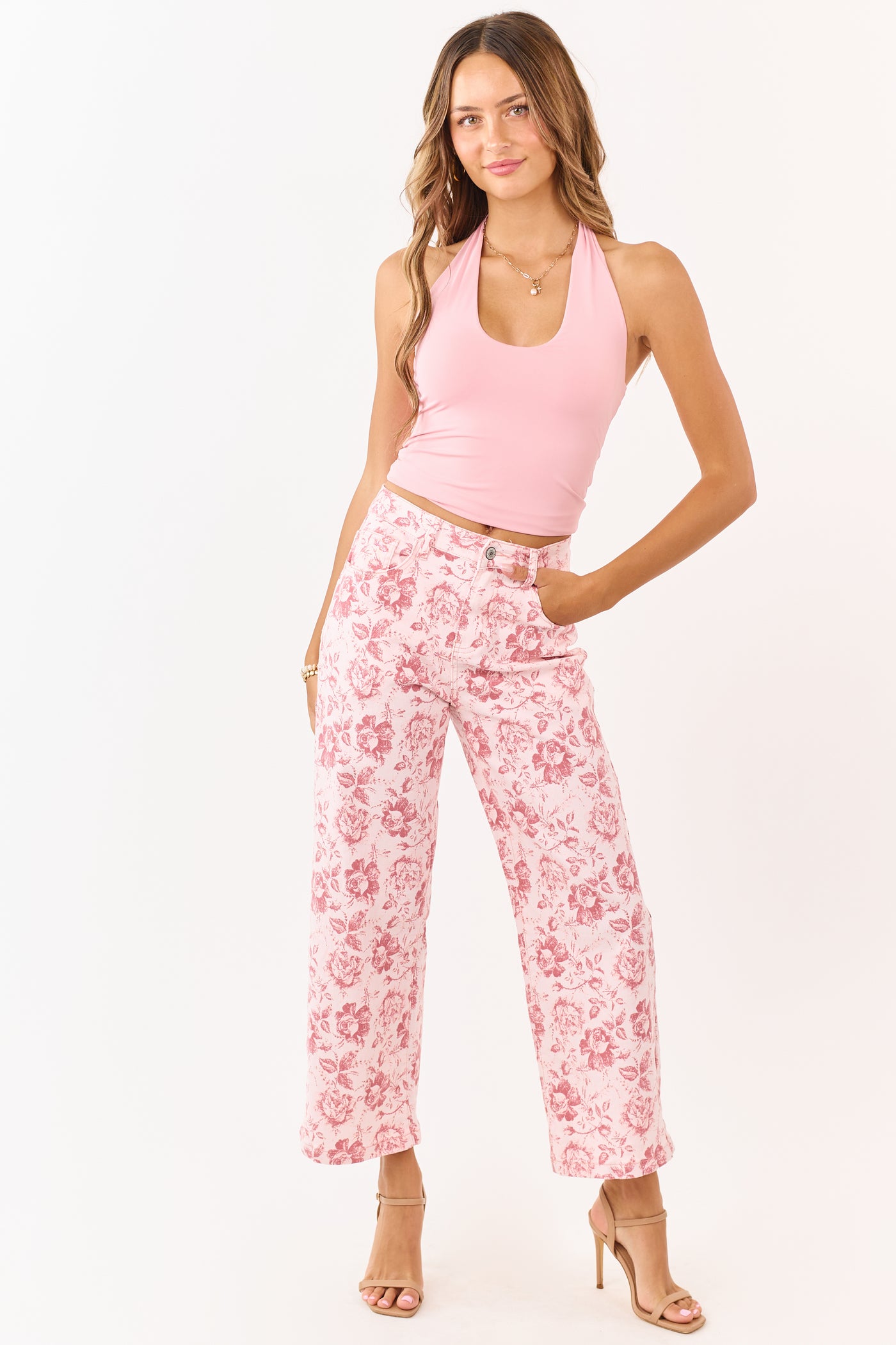 Carnation Vintage Rose Print Stretchy Wide Leg Jeans