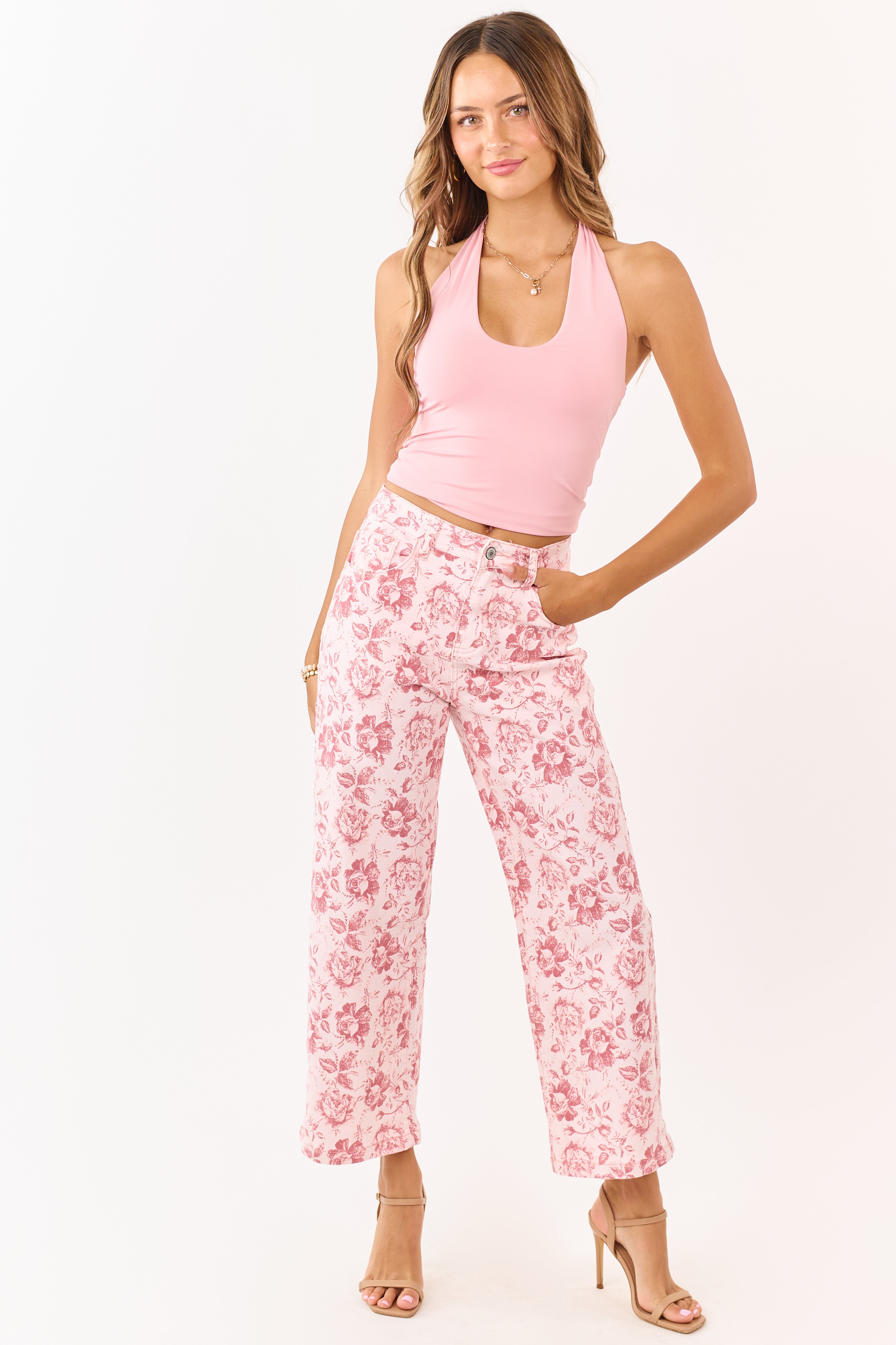 Carnation Vintage Rose Print Stretchy Wide Leg Jeans
