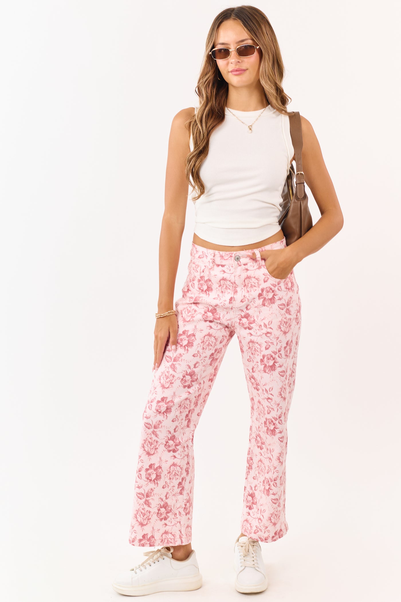 Carnation Vintage Rose Print Stretchy Wide Leg Jeans