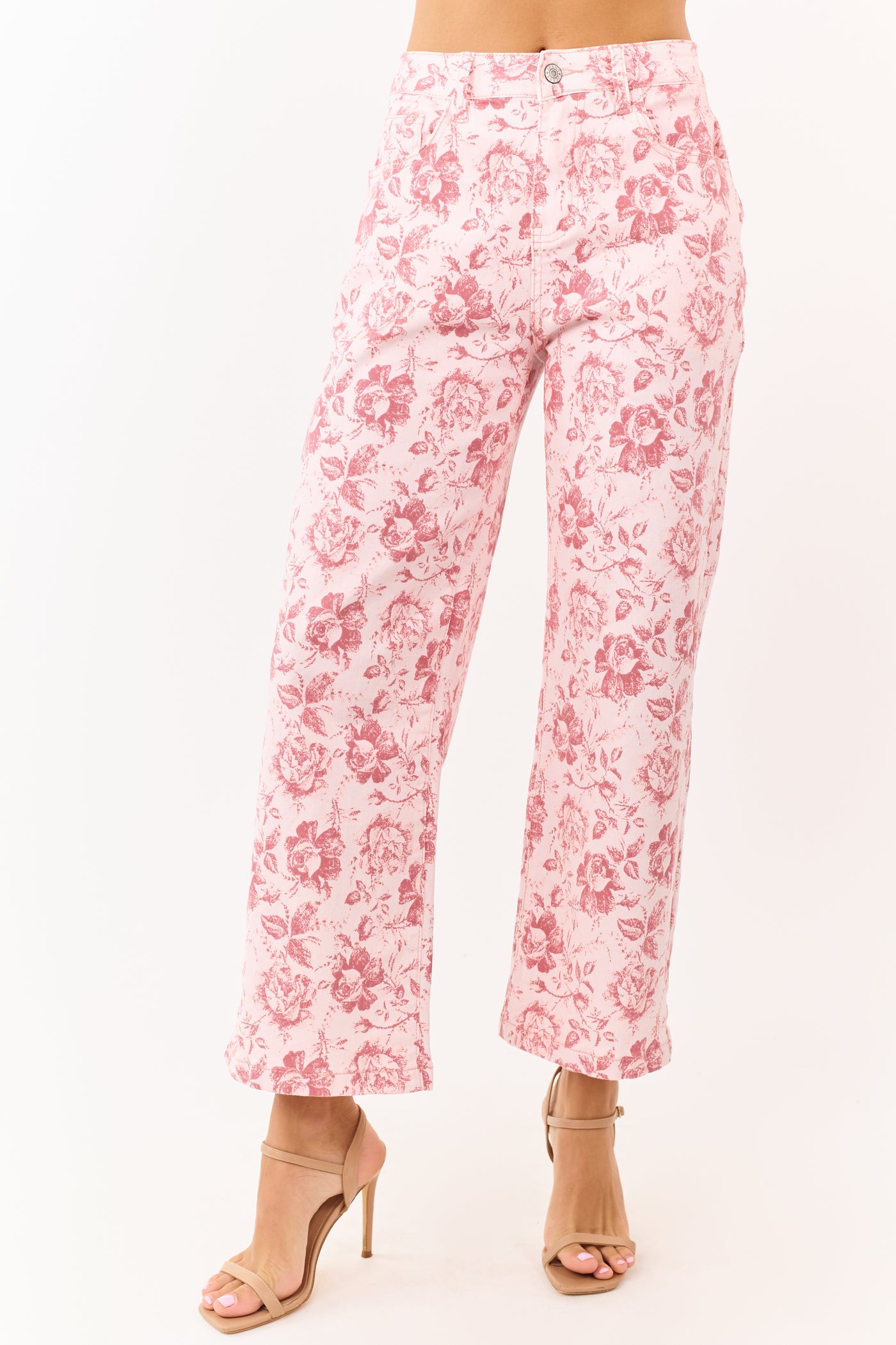 Carnation Vintage Rose Print Stretchy Wide Leg Jeans