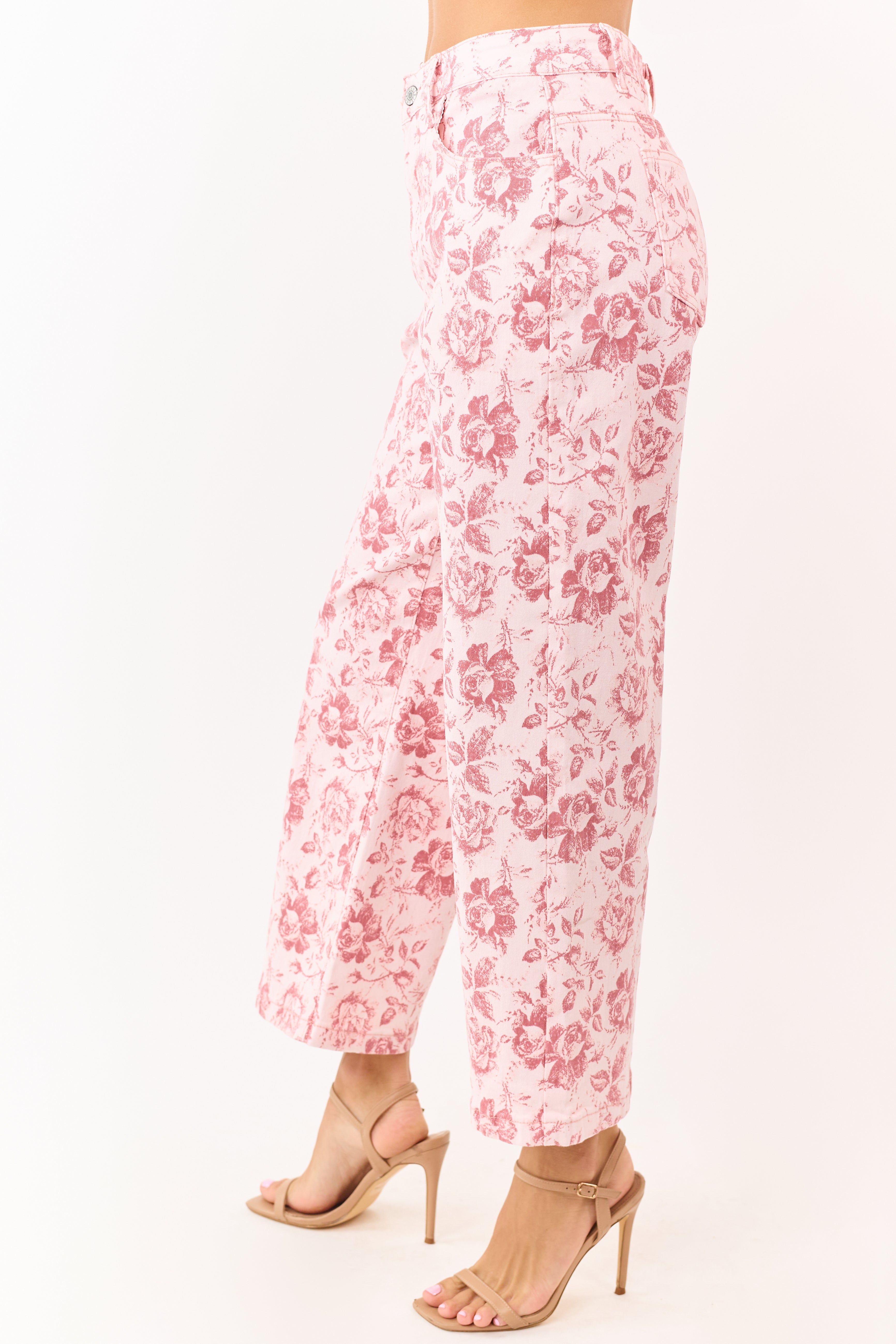 Carnation Vintage Rose Print Stretchy Wide Leg Jeans