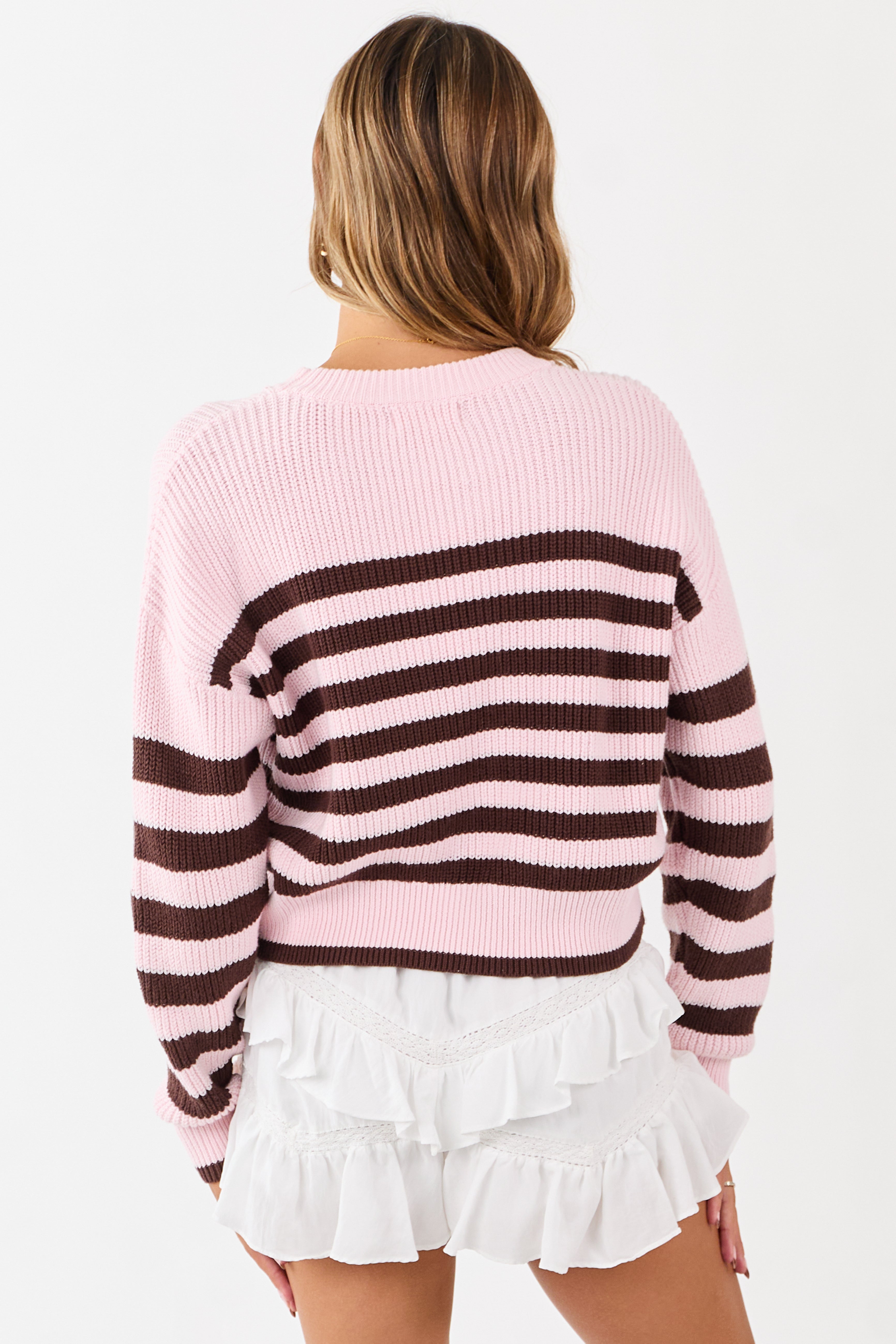 Carnation and Chocolate Striped Cotton Sweater
