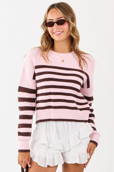Carnation and Chocolate Striped Cotton Sweater