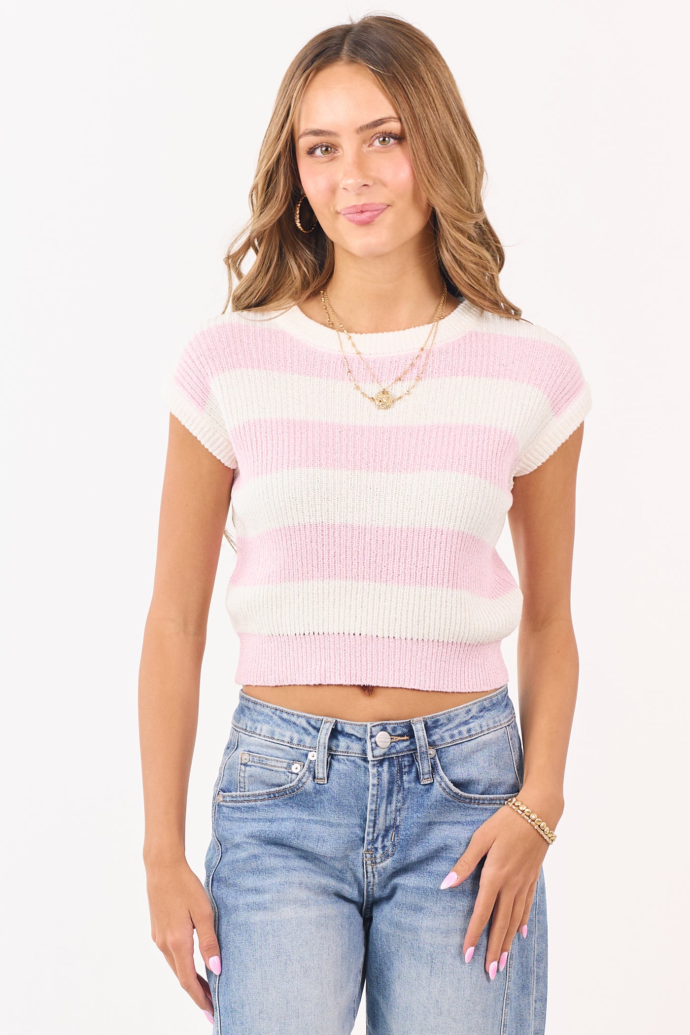 Carnation and Cream Striped Short Sleeve Sweater Top