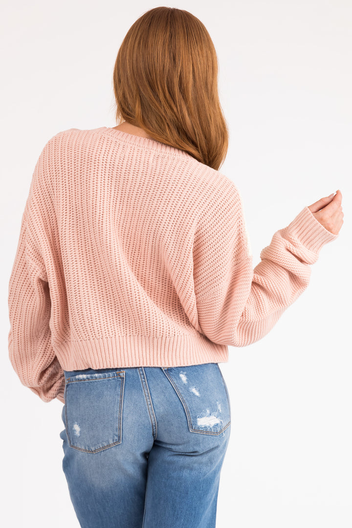 Carnation and Ivory Colorblock Cable Knit Sweater