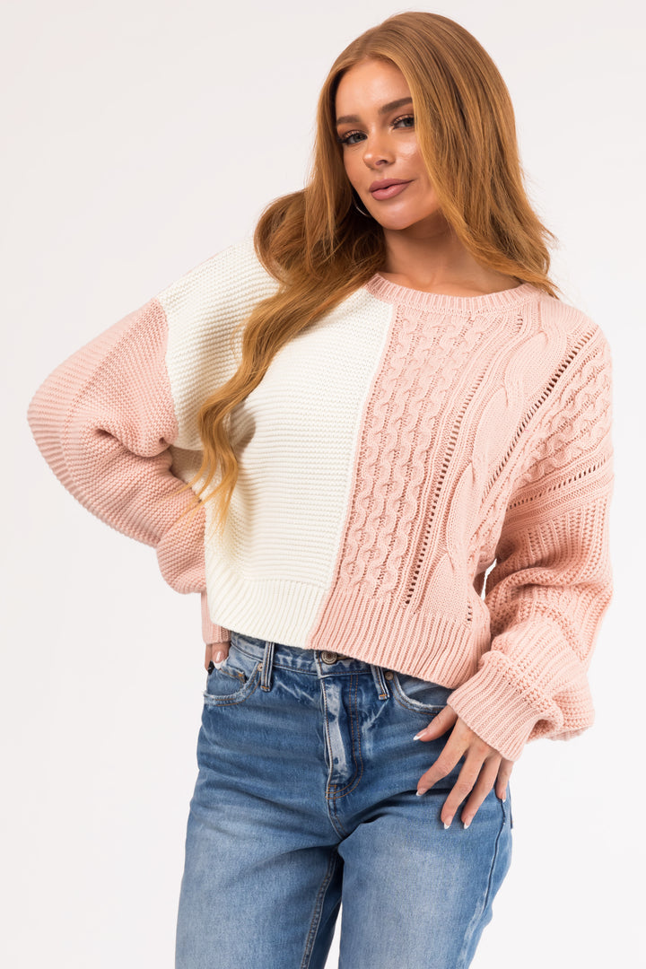 Carnation and Ivory Colorblock Cable Knit Sweater