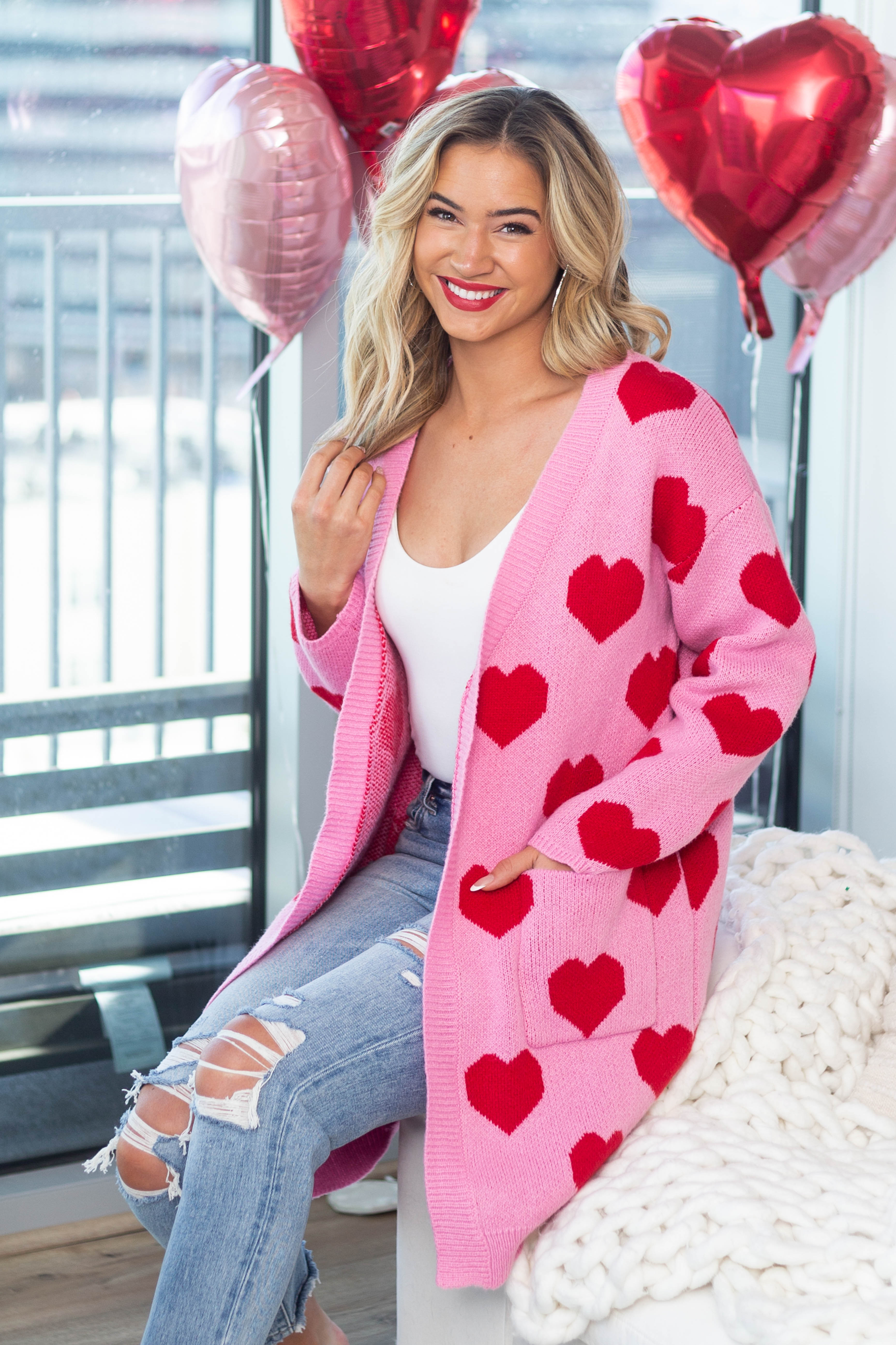 Carnation Heart Print Open Front Knit Cardigan Lime Lush