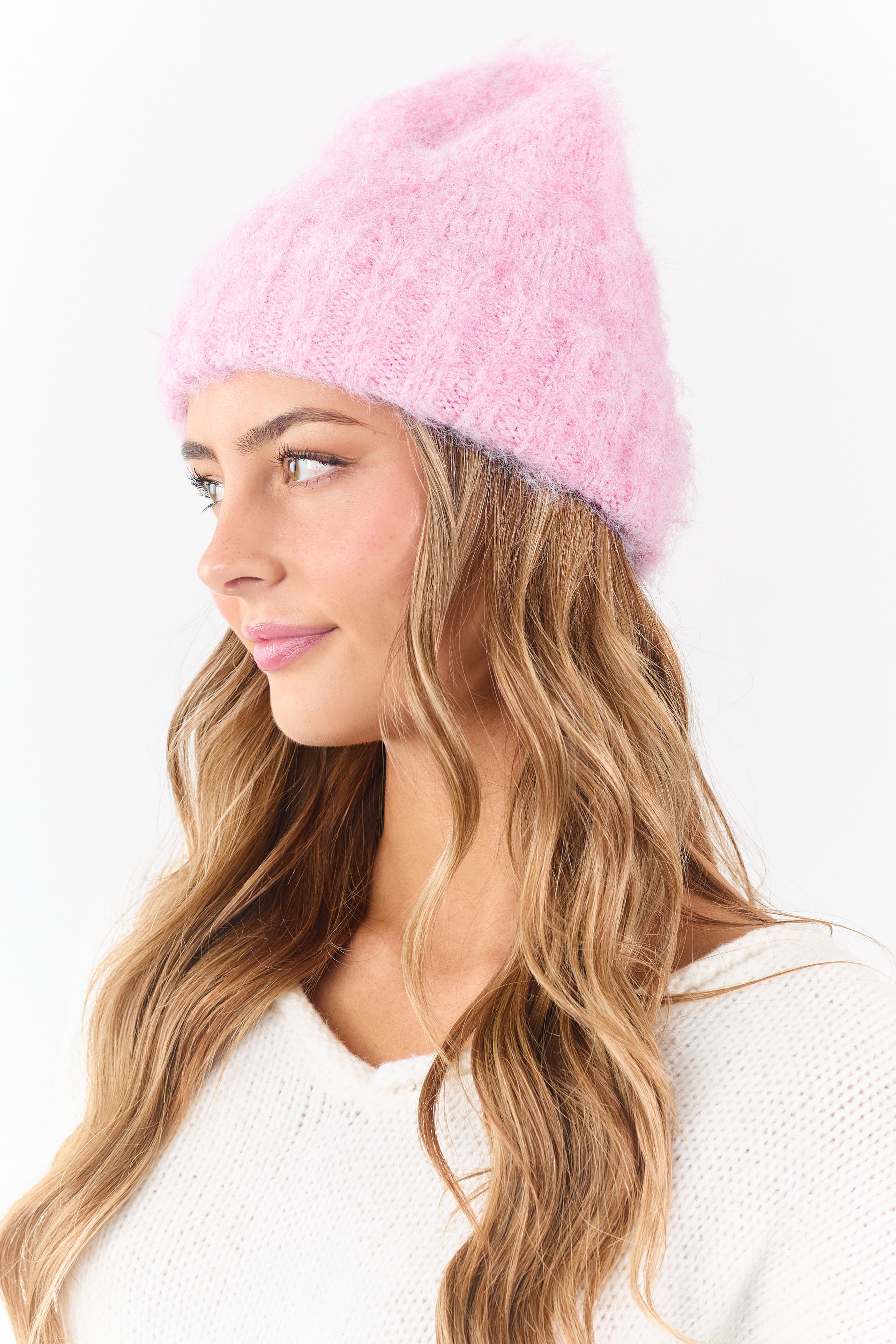 Carnation Wool Blend Fuzzy Knit Beanie