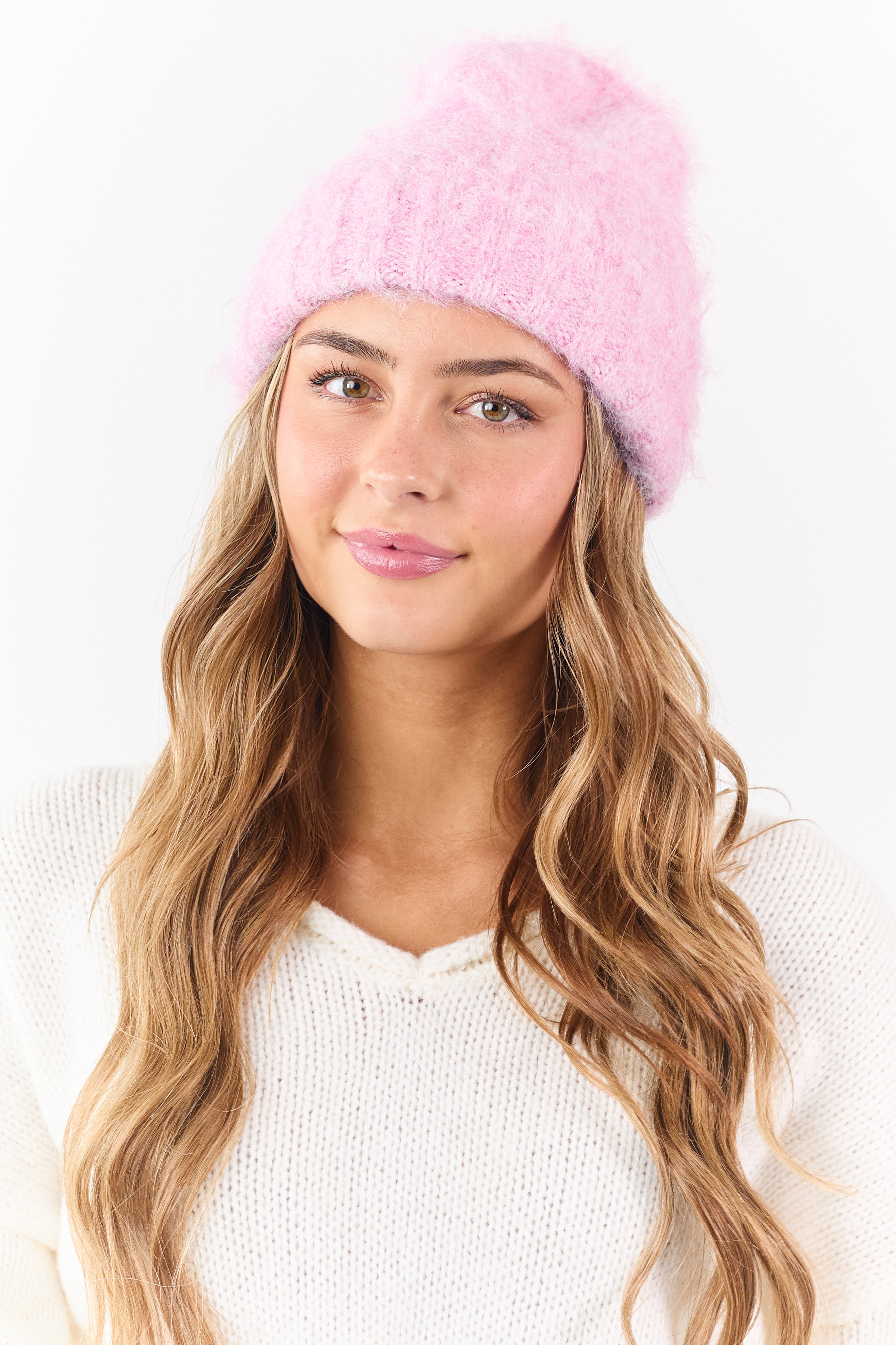 Carnation Wool Blend Fuzzy Knit Beanie