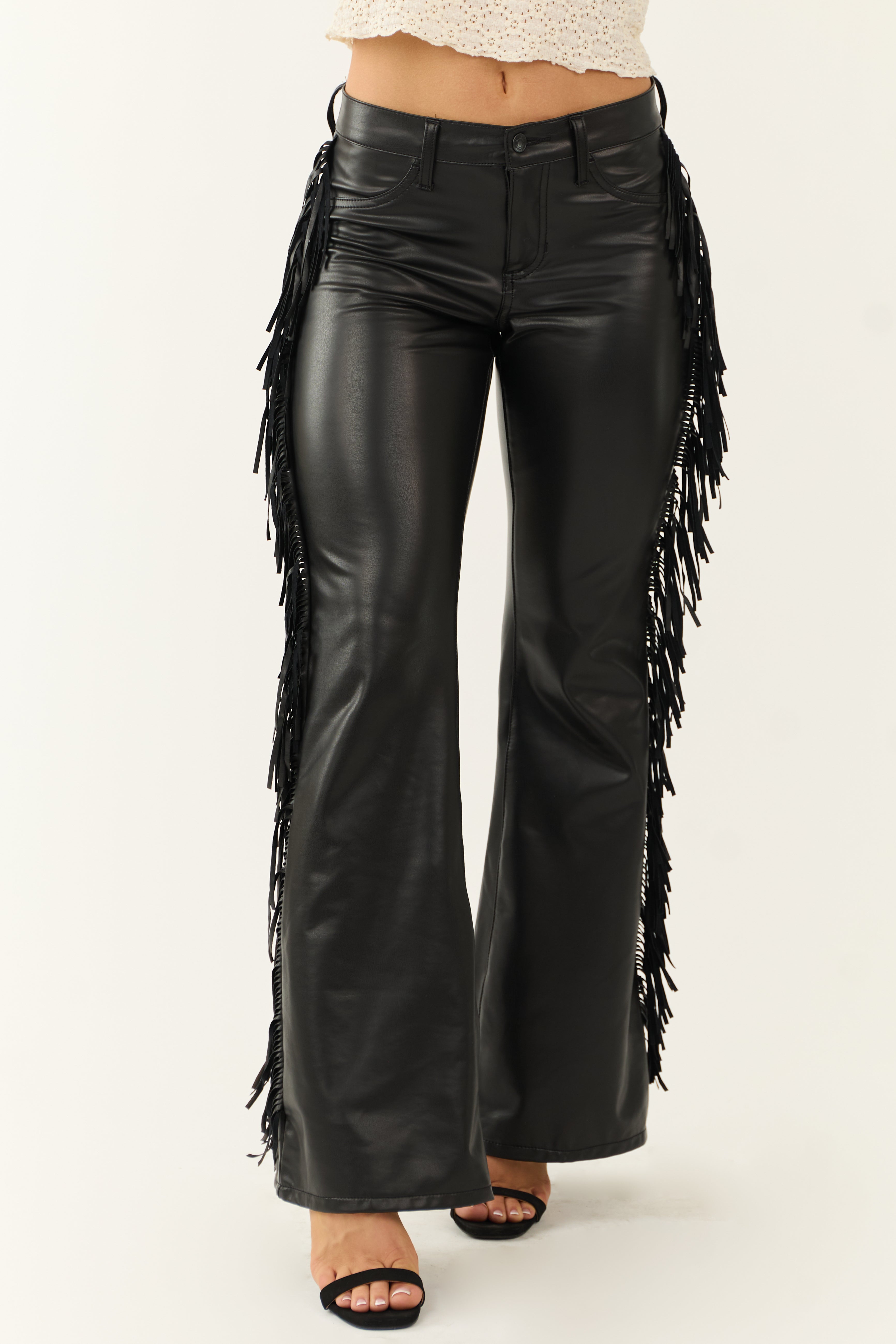 Cello Black Faux Leather Mid Rise Fringe Flare Pants | Lime