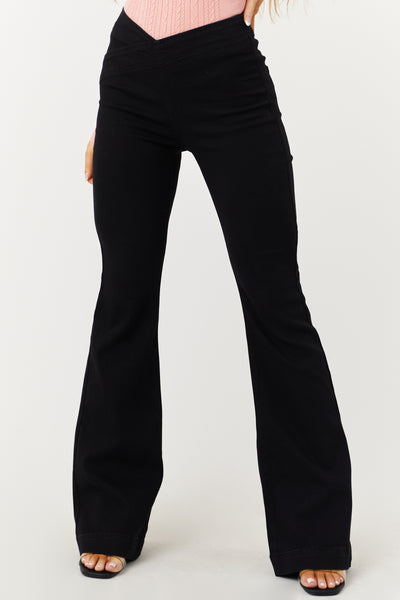 Cello Black High Rise Overlap Waistband Flare Jeans