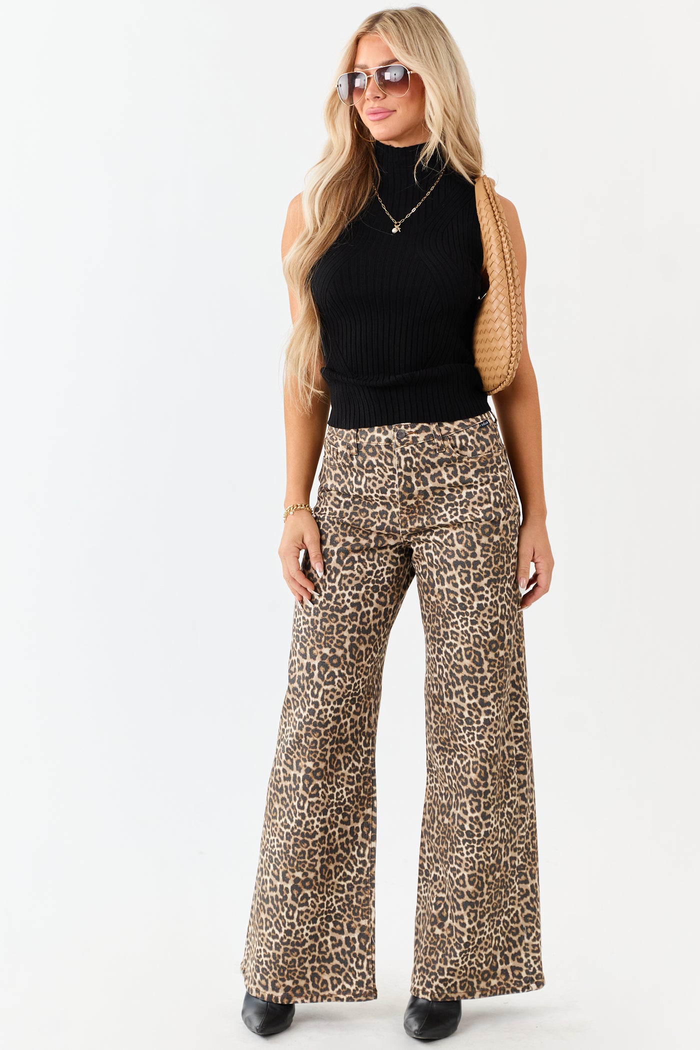 Cello Camel Leopard Print Wide Leg Stretchy Jeans