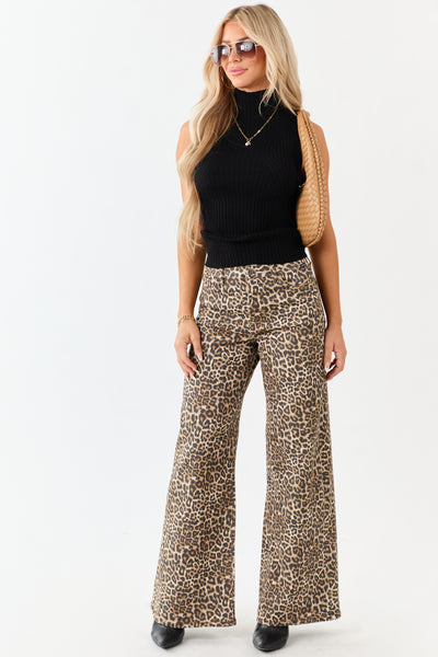 Cello Camel Leopard Print Wide Leg Stretchy Jeans