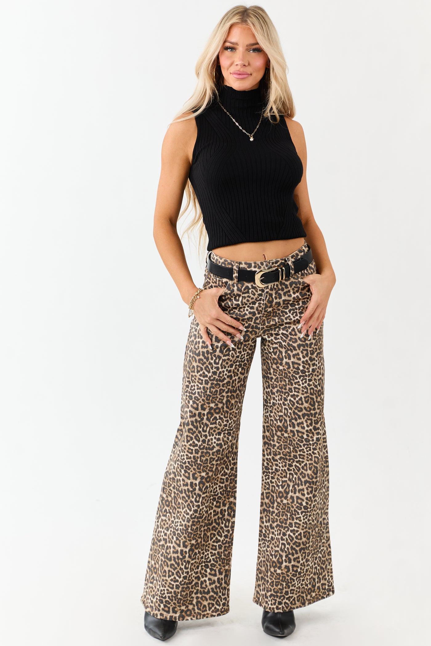 Cello Camel Leopard Print Wide Leg Stretchy Jeans