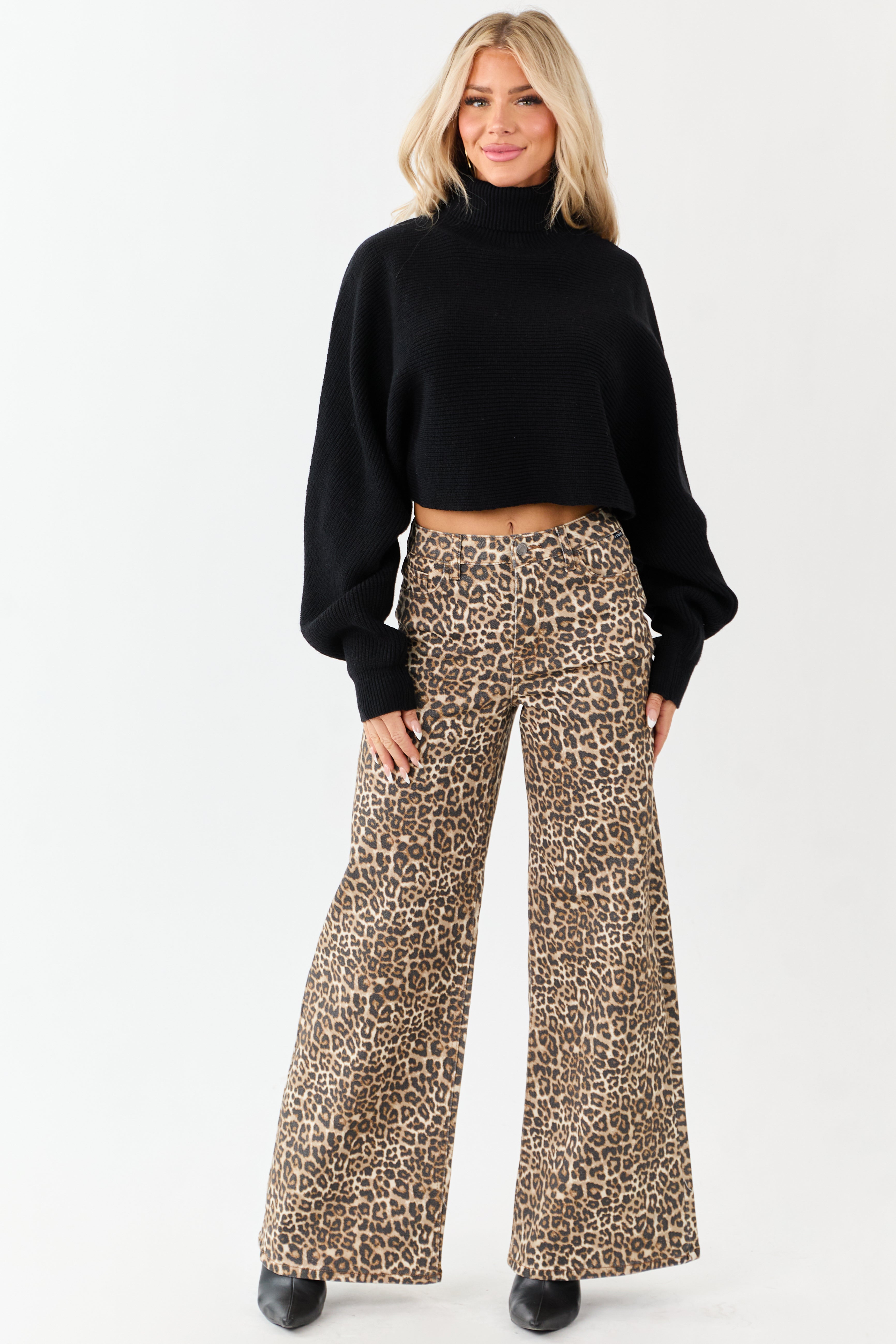 Cello Camel Leopard Print Wide Leg Stretchy Jeans
