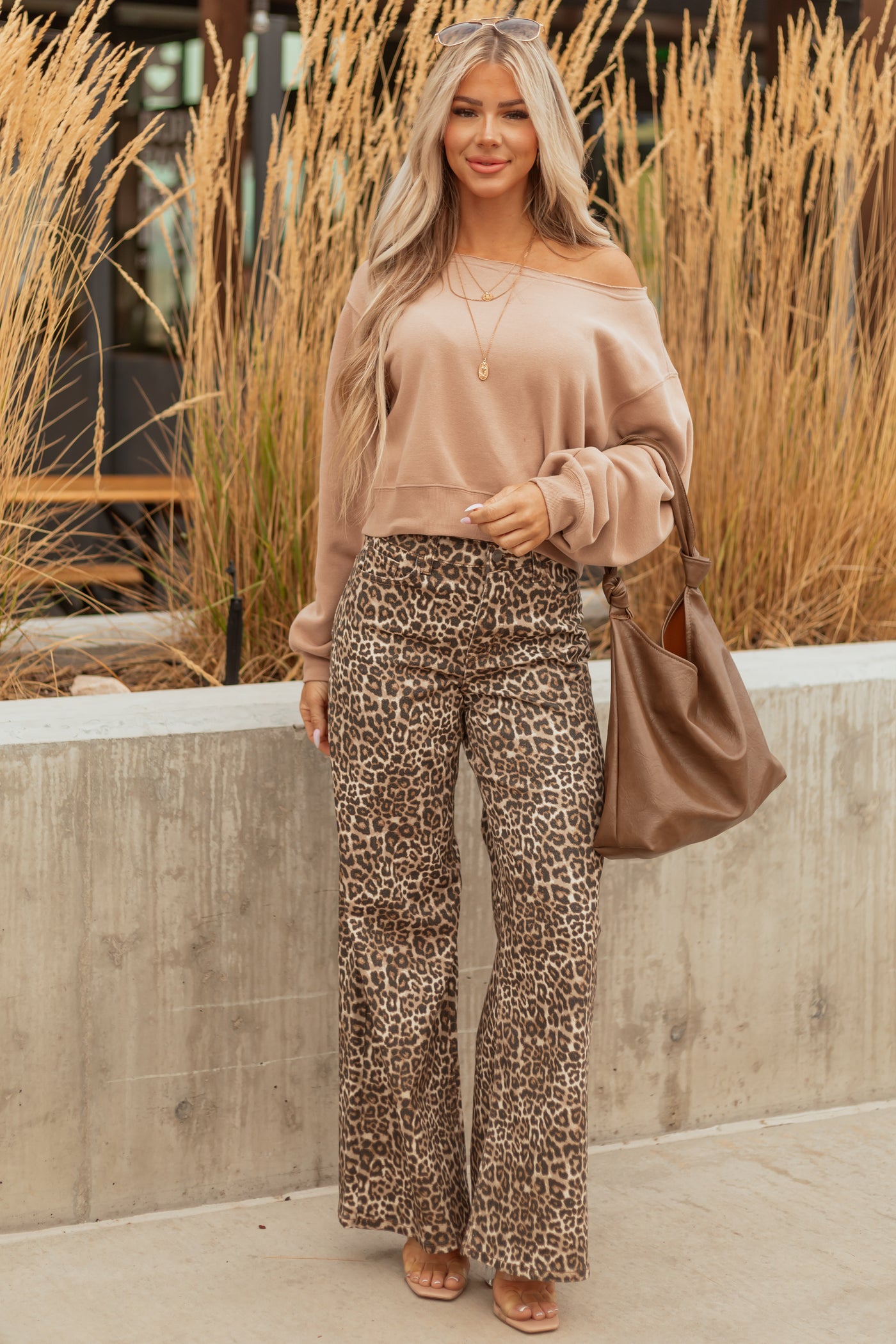 Cello Camel Leopard Print Wide Leg Stretchy Jeans
