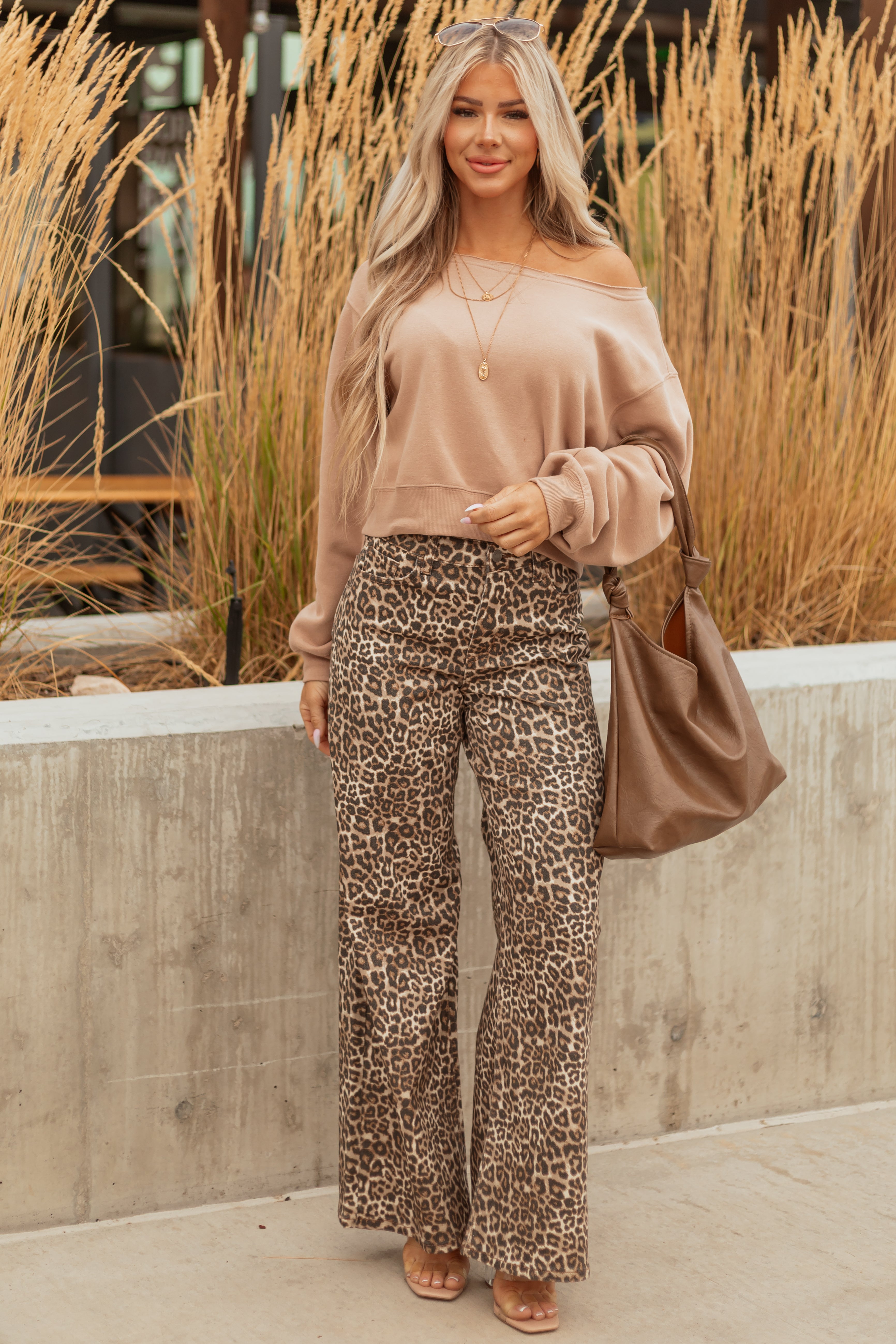 Cello Camel Leopard Print Wide Leg Stretchy Jeans