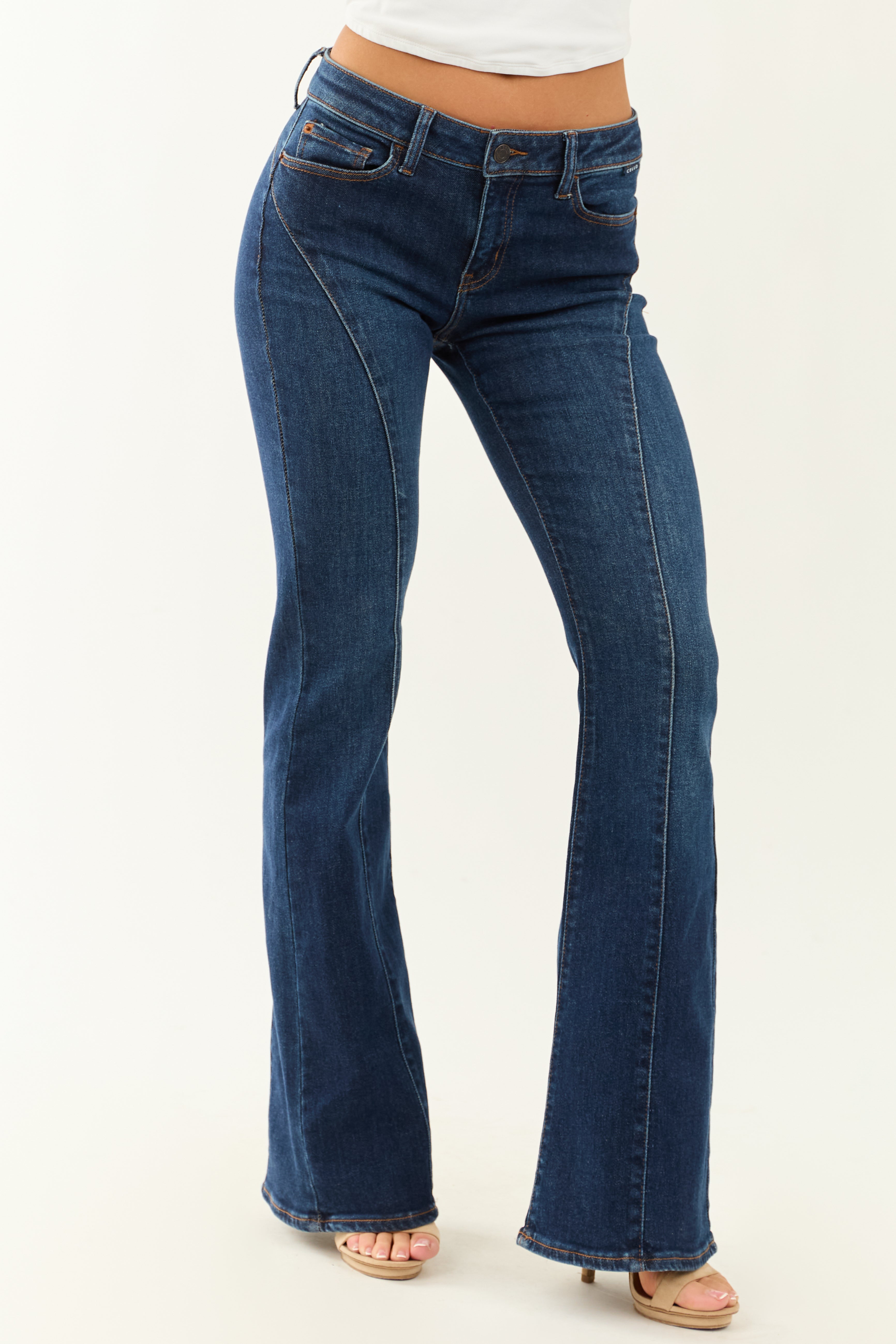 Cello Dark Wash Stretchy Low Rise Flare Jeans