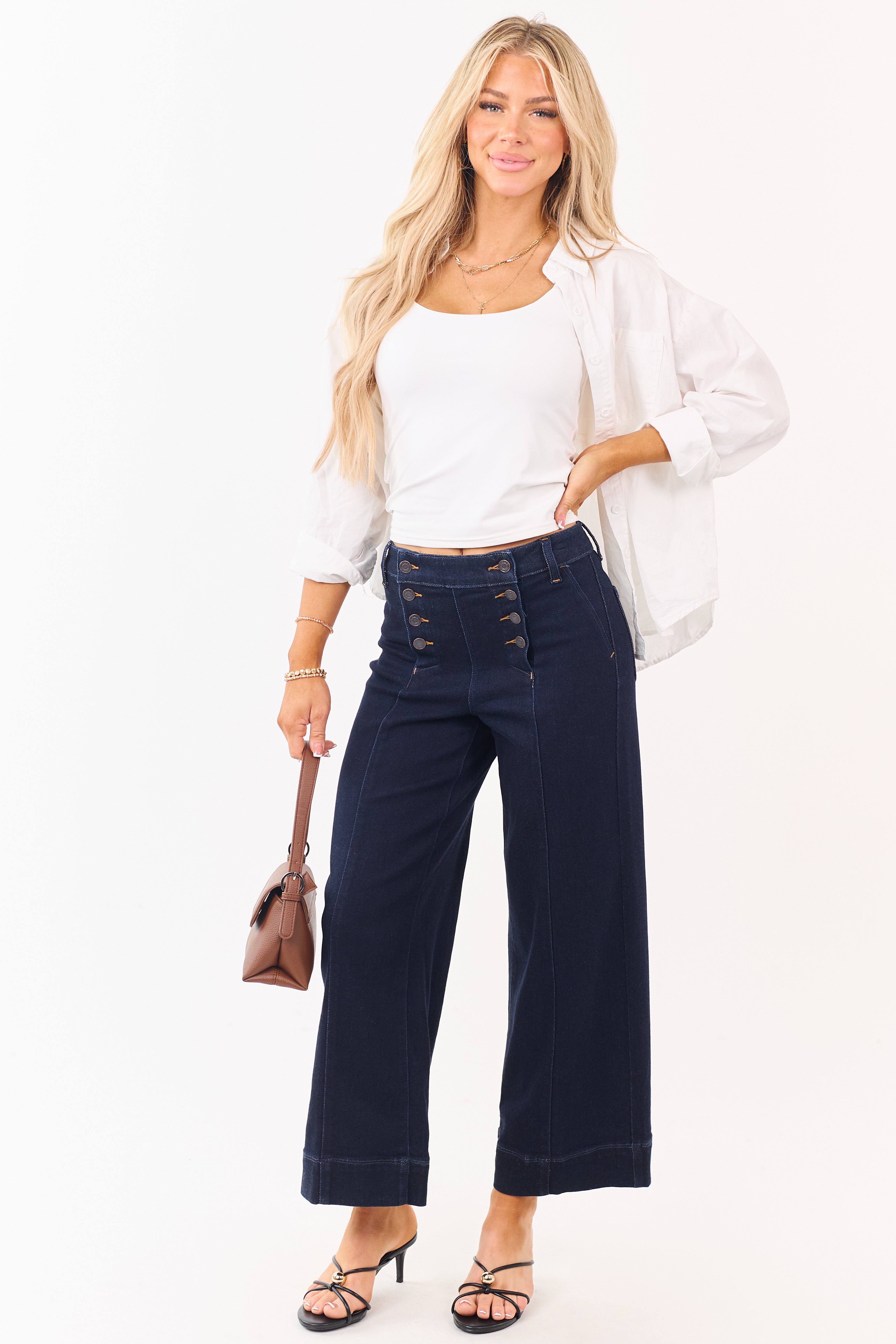 Cello Dark Wash Stretchy Wide Leg Sailor Jeans | Lime Lush Boutique