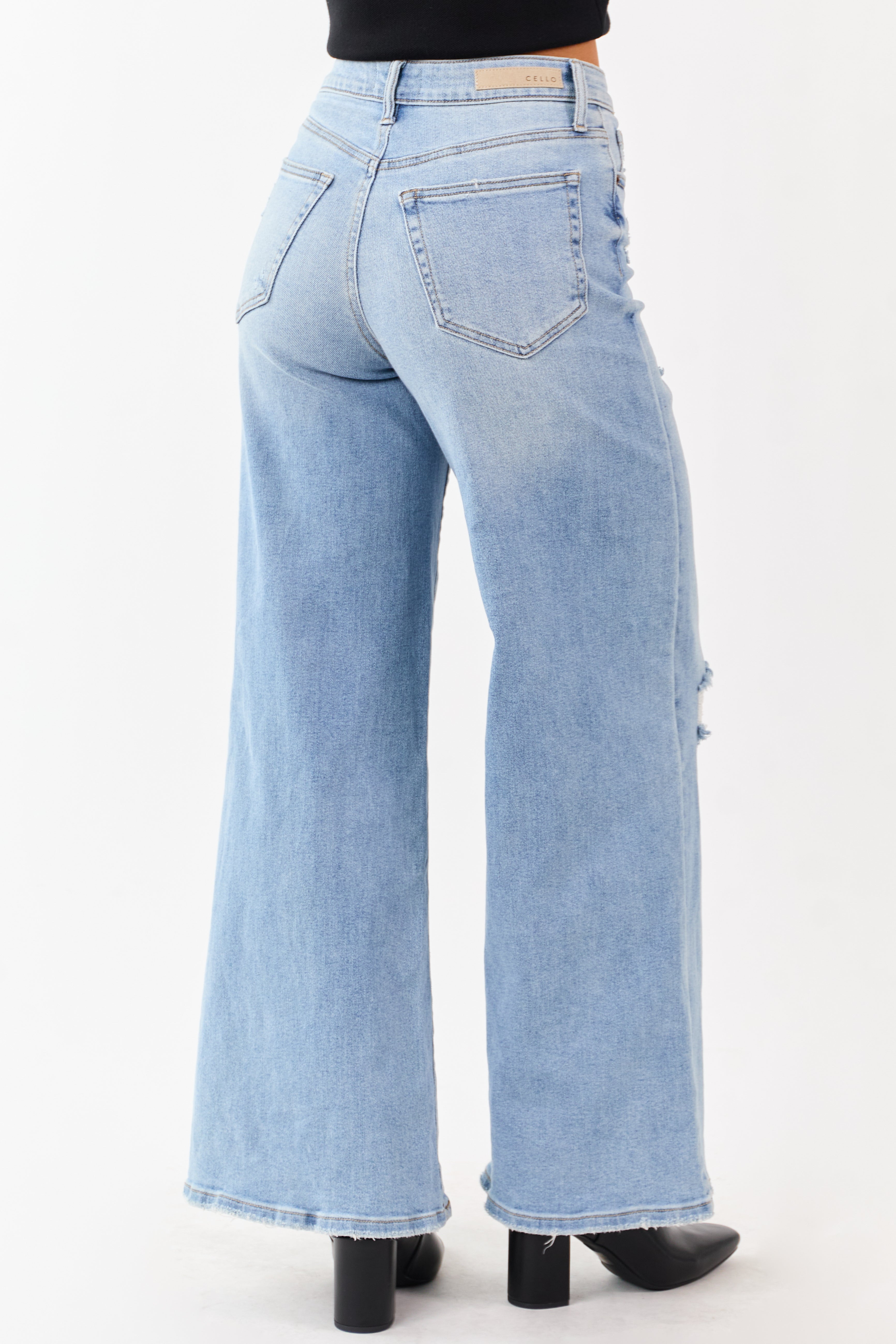 Cello Light High Rise Distressed Stretchy Wide Jeans