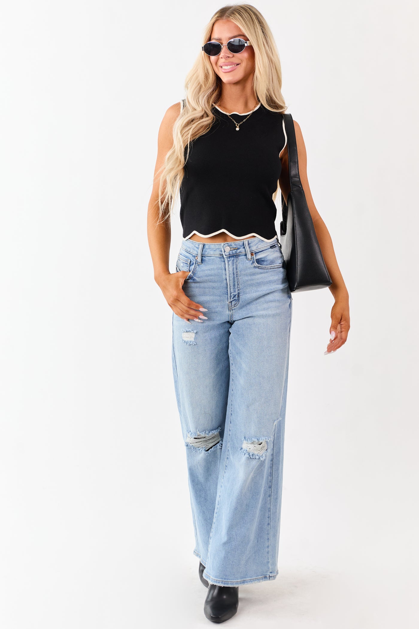 Cello Light High Rise Distressed Stretchy Wide Jeans
