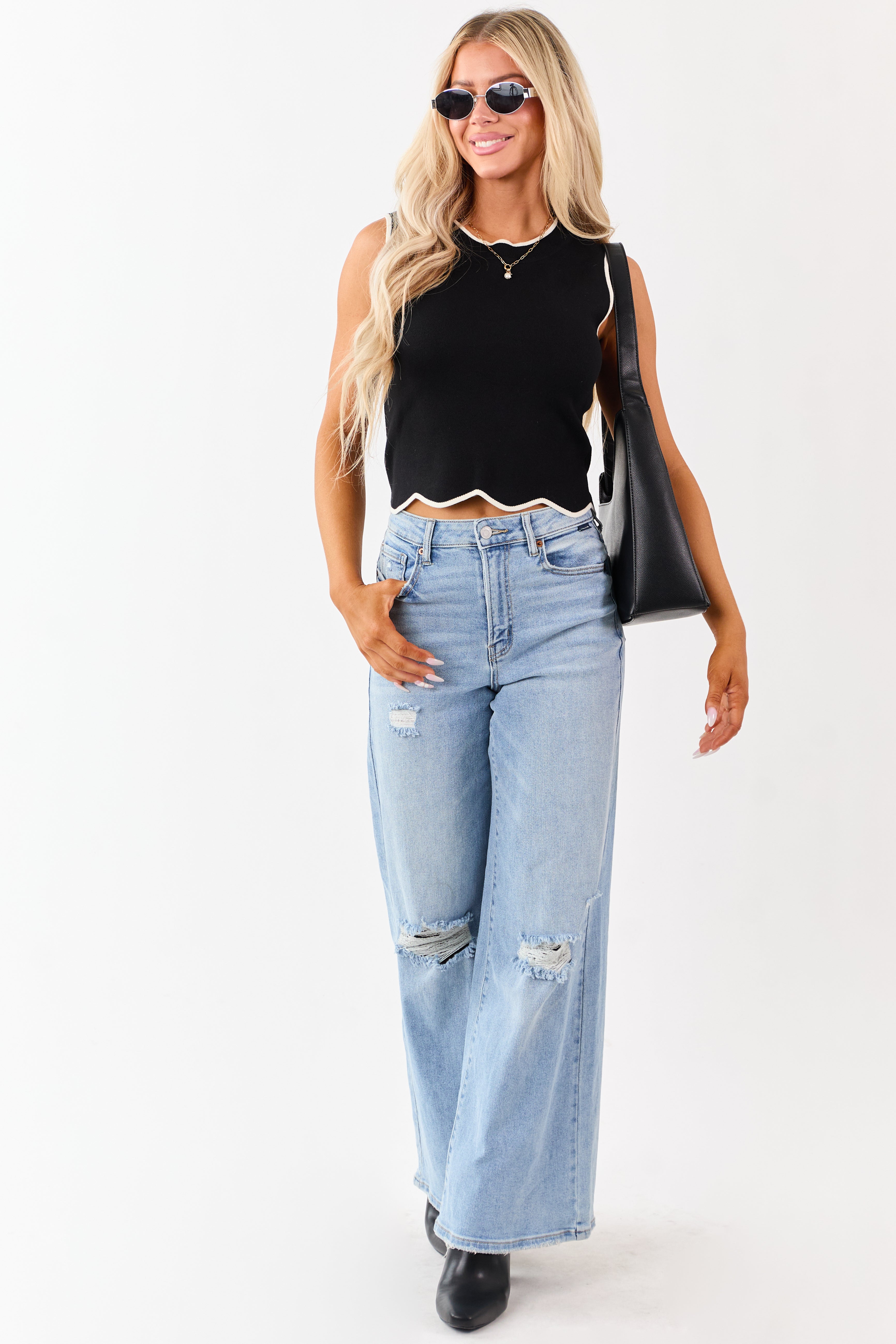 Cello Light High Rise Distressed Stretchy Wide Jeans