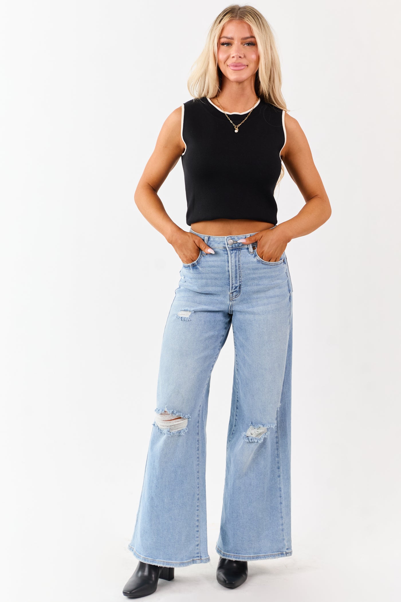 Cello Light High Rise Distressed Stretchy Wide Jeans