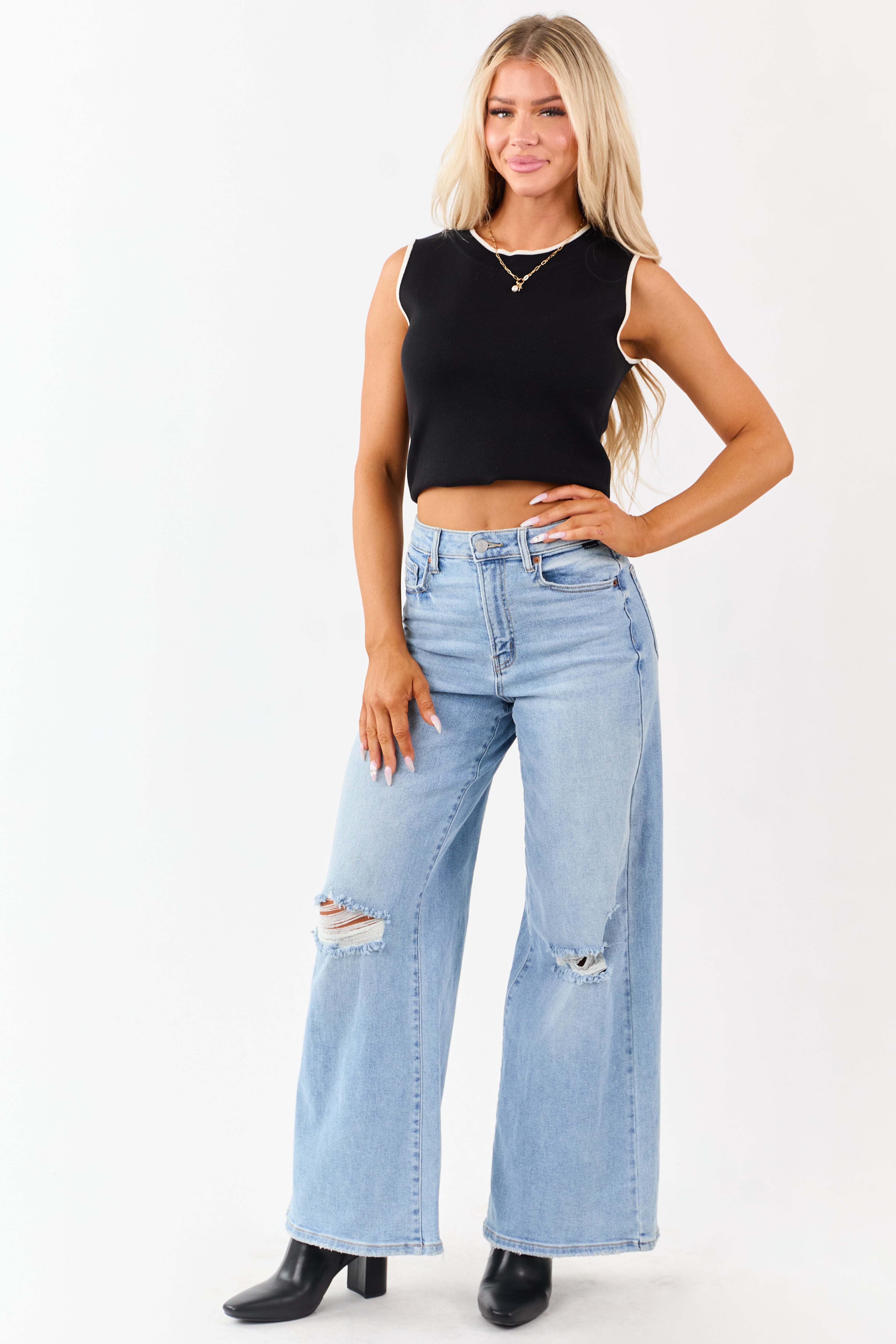 Cello Light High Rise Distressed Stretchy Wide Jeans