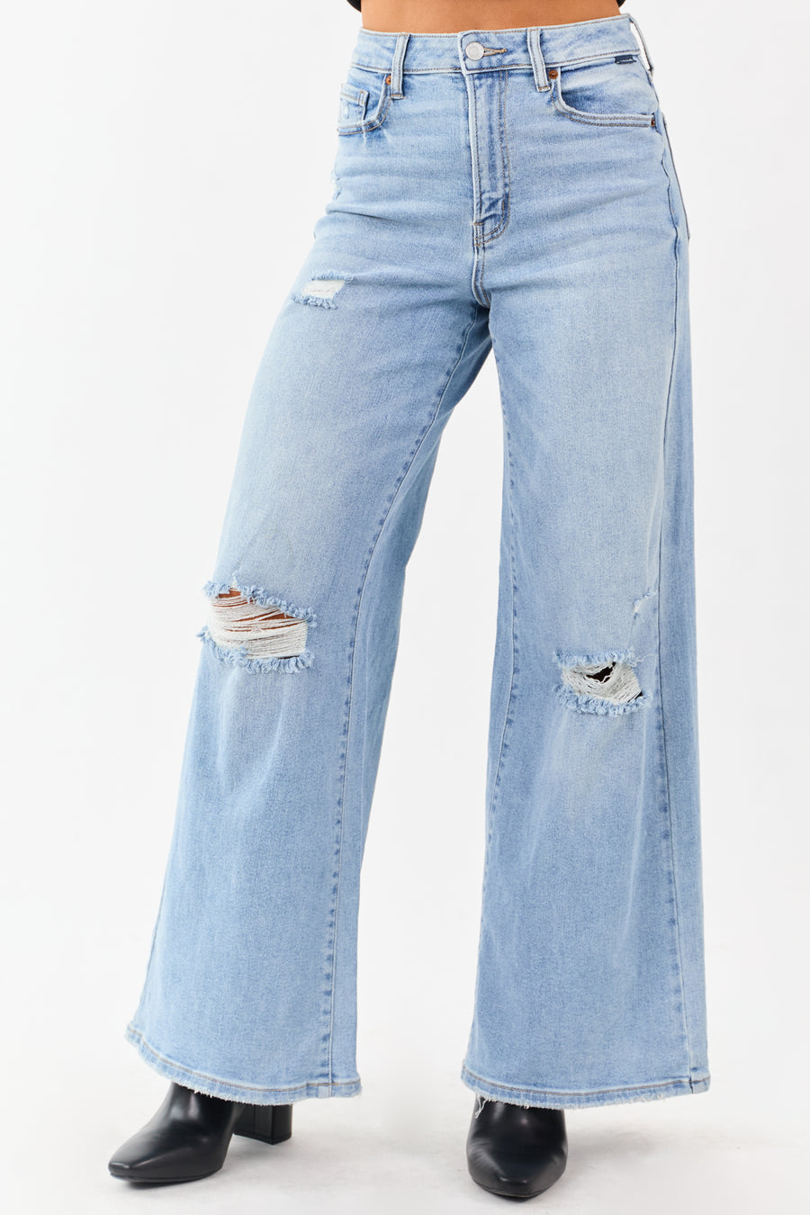 Cello Light High Rise Distressed Stretchy Wide Jeans