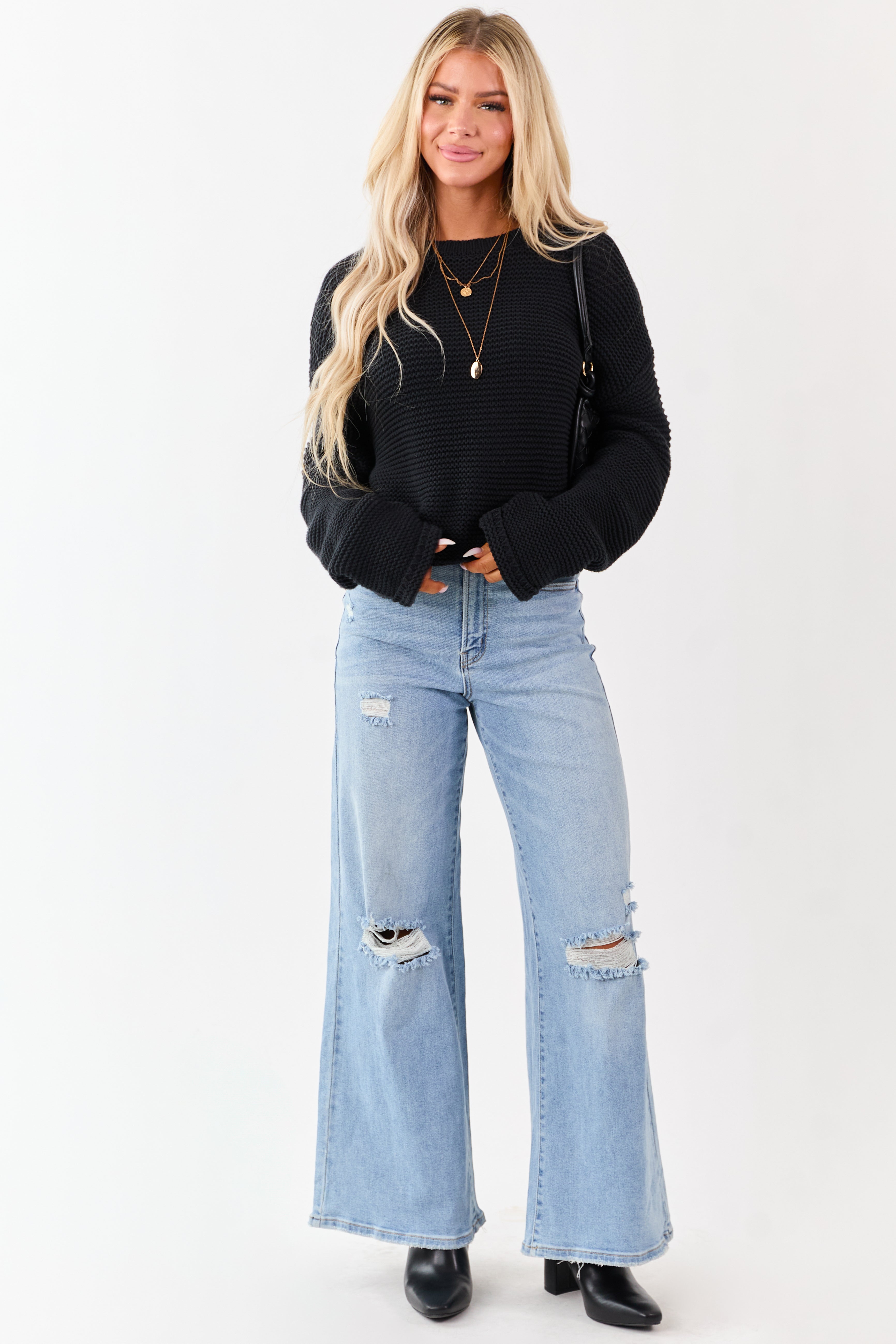 Cello Light High Rise Distressed Stretchy Wide Jeans