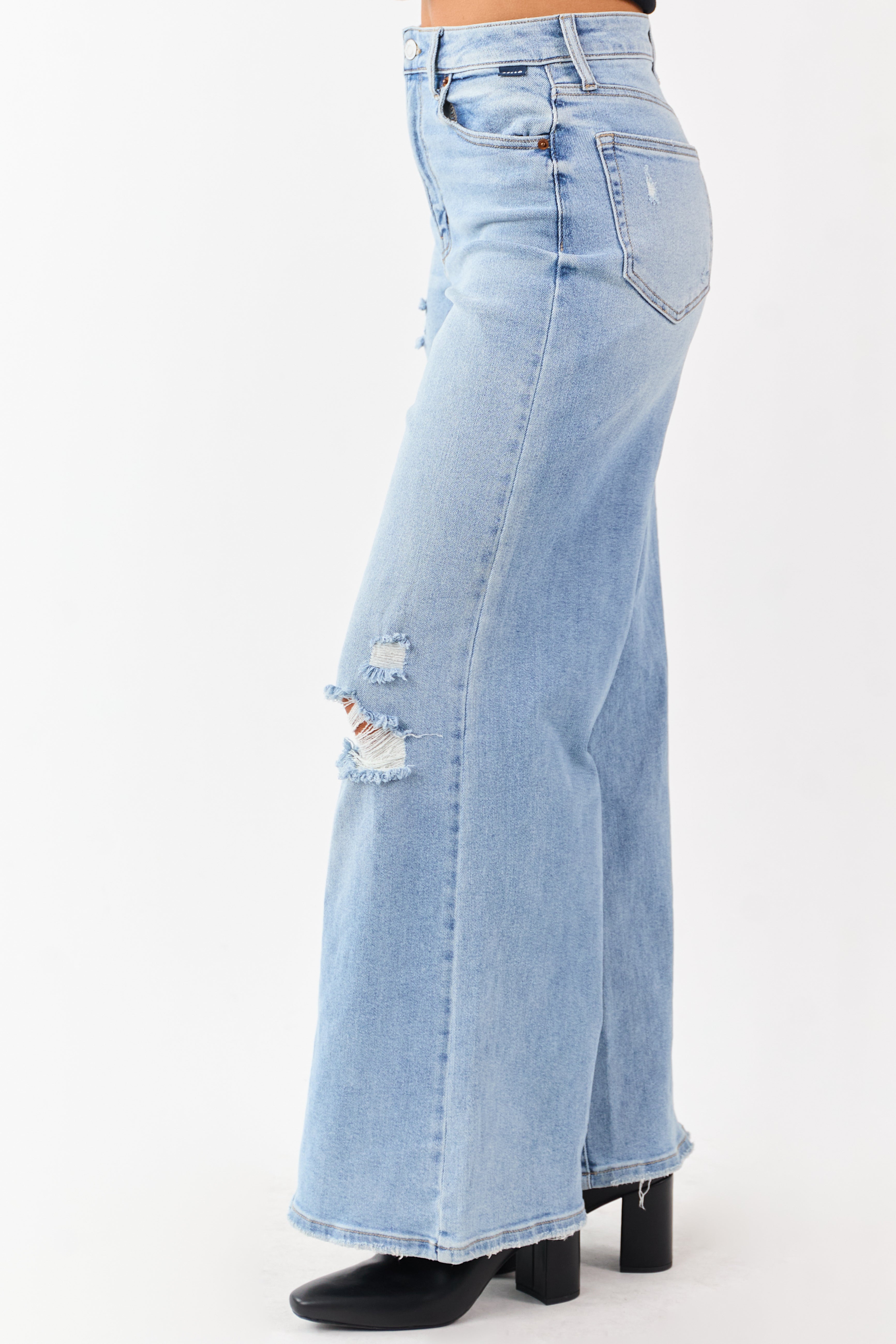 Cello Light High Rise Distressed Stretchy Wide Jeans