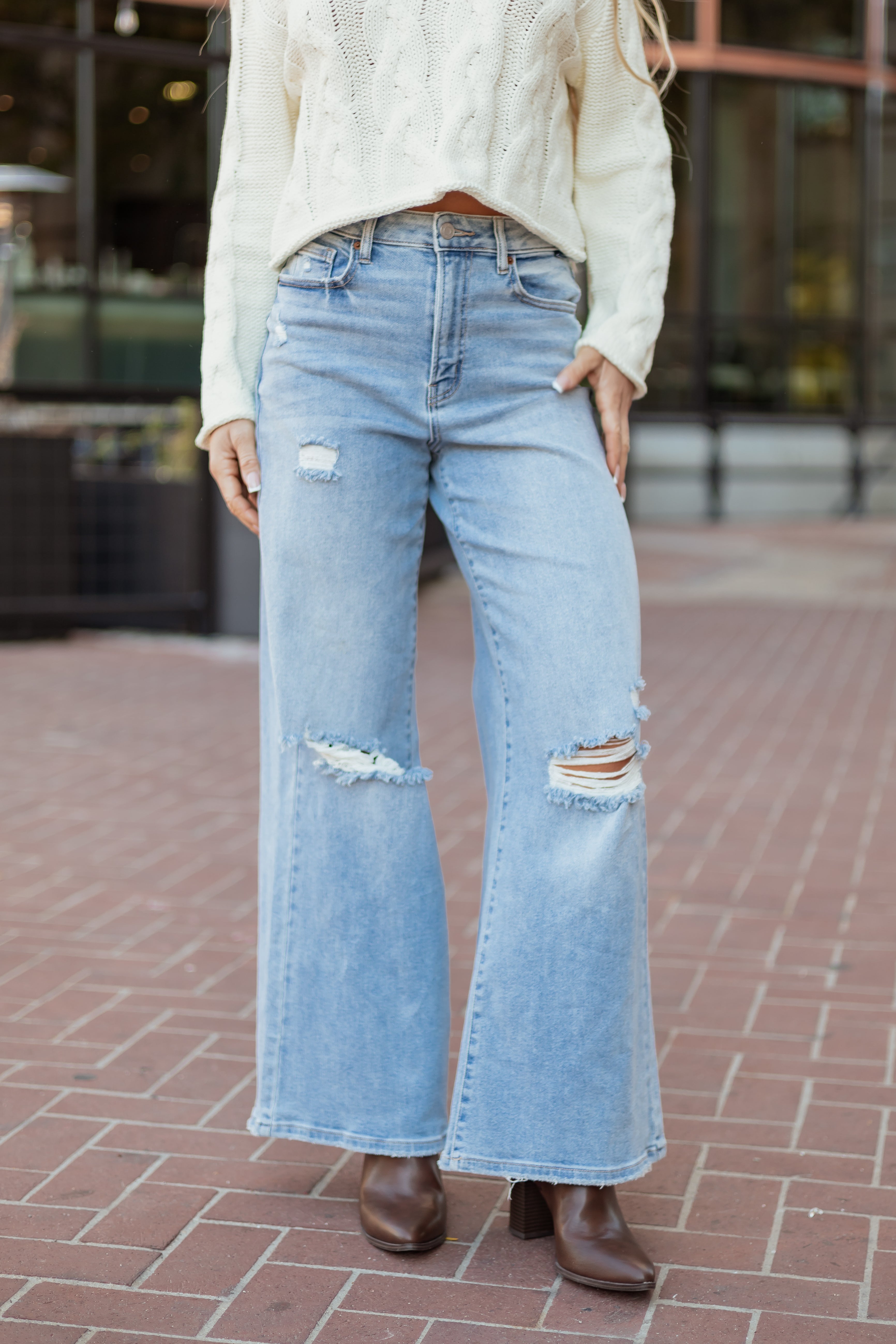 Cello Light High Rise Distressed Stretchy Wide Jeans