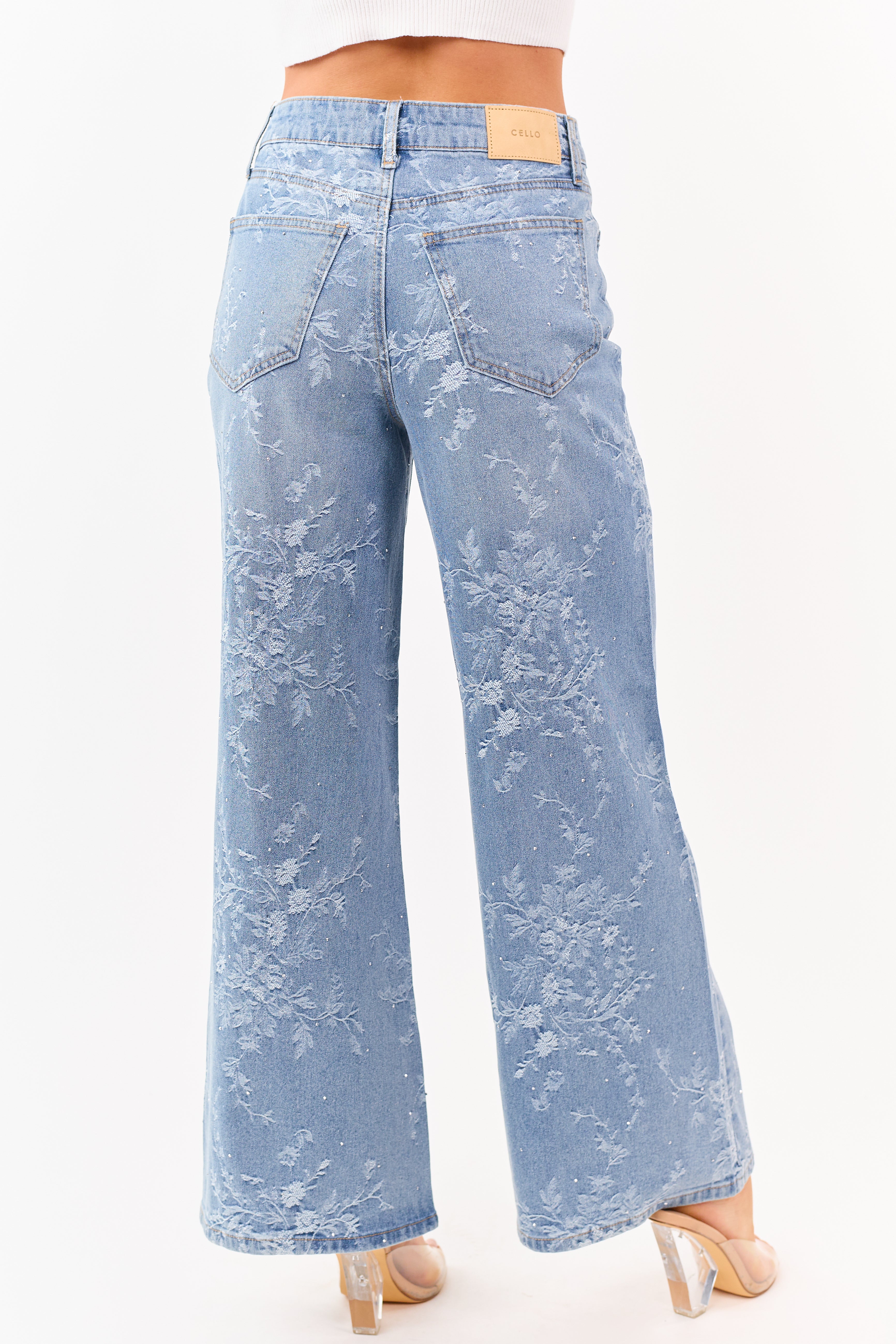 Cello Light Wash Floral Rhinestone Wide Stretch Jeans