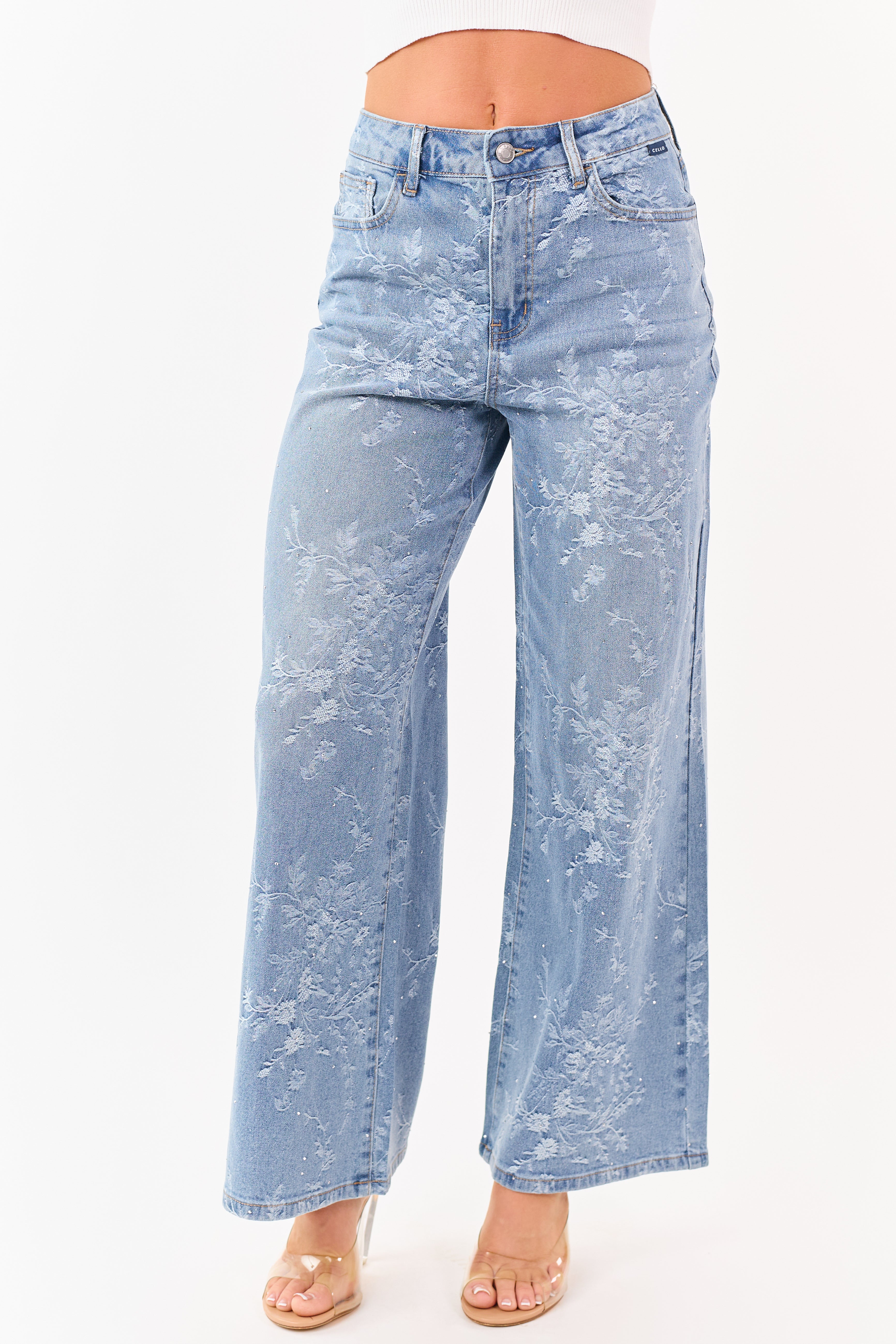 Cello Light Wash Floral Rhinestone Wide Stretch Jeans | Lime Lush