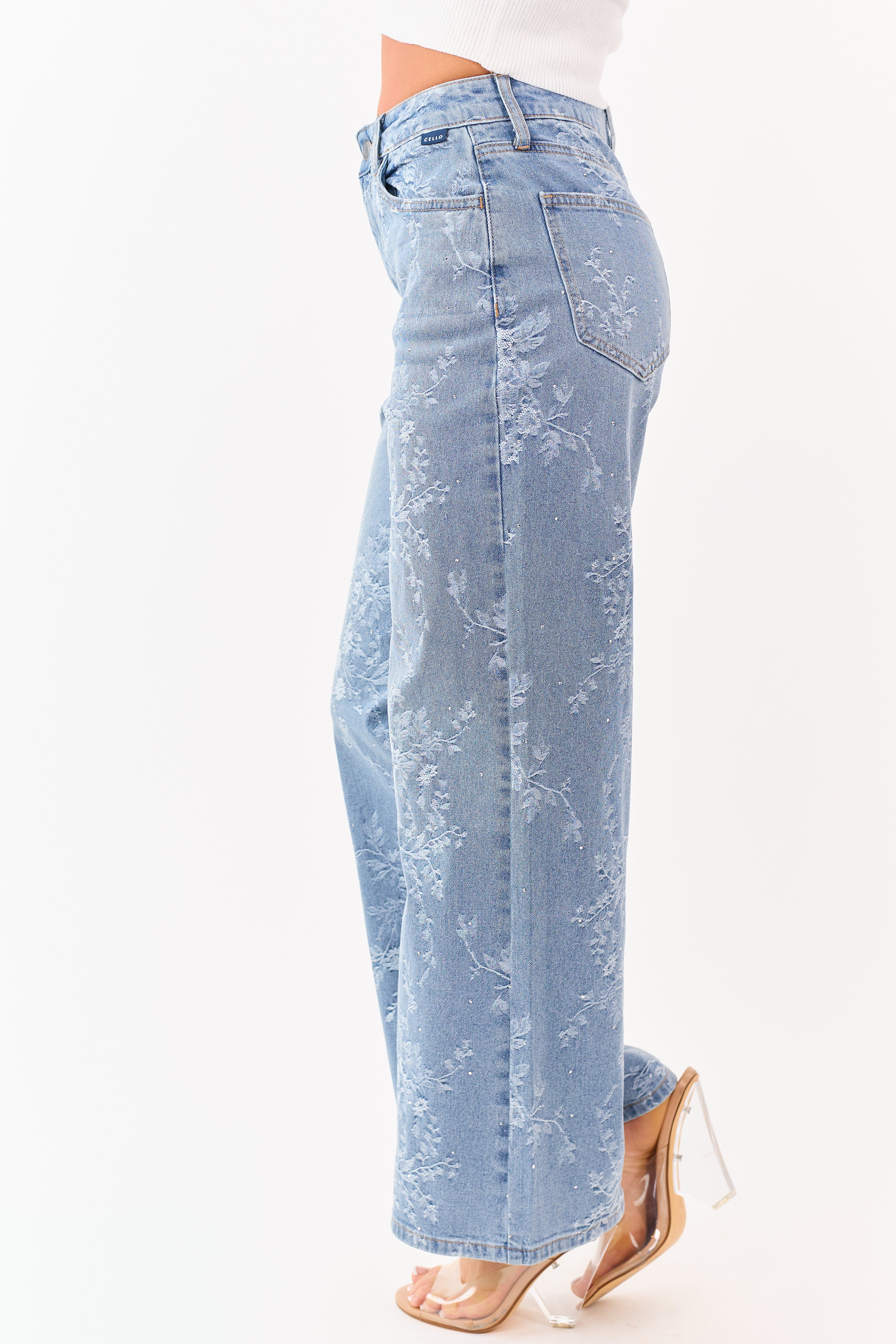 Cello Light Wash Floral Rhinestone Wide Stretch Jeans