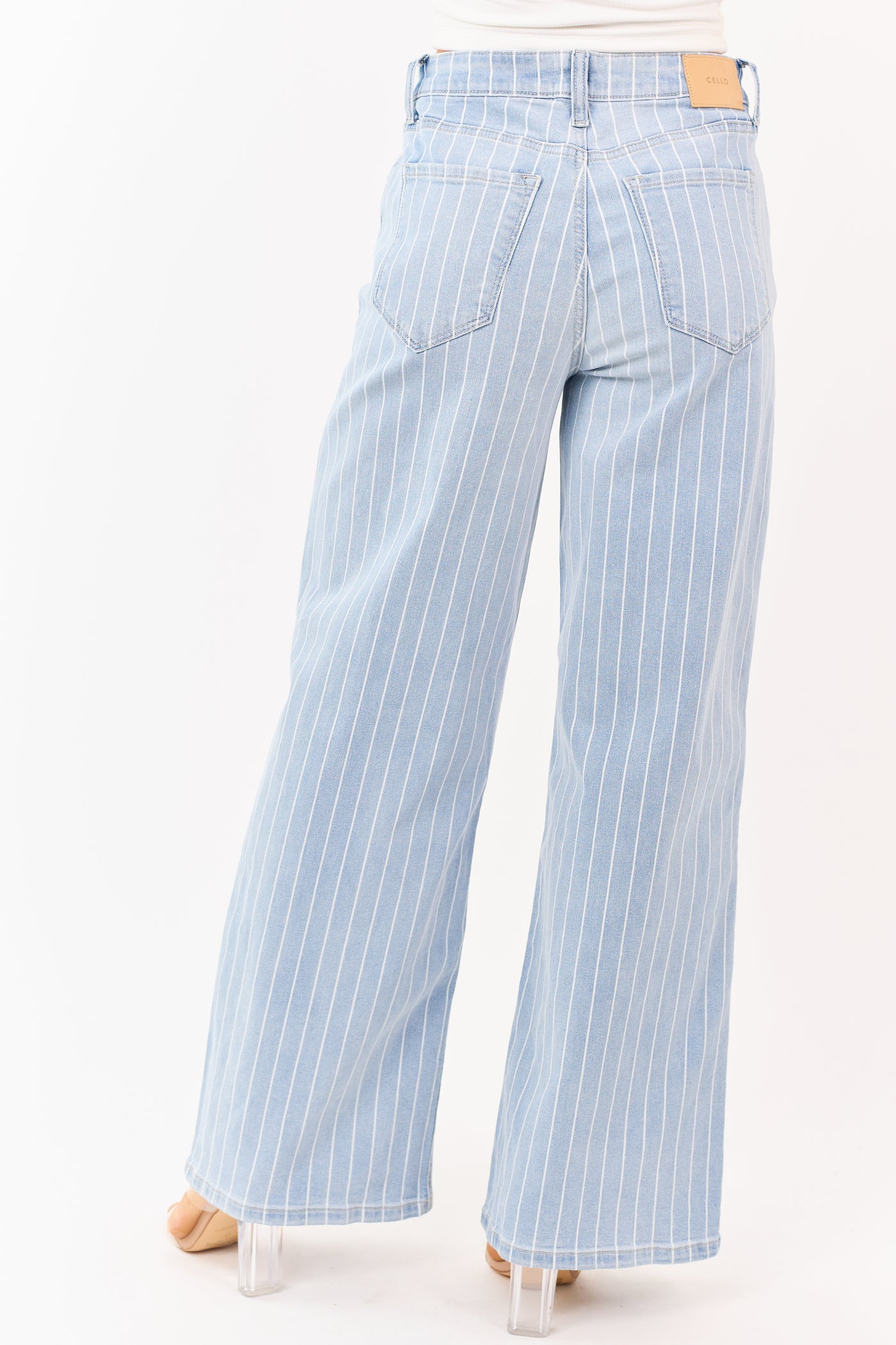 Cello Light Wash Pinstripe Stretchy Wide Leg Jeans