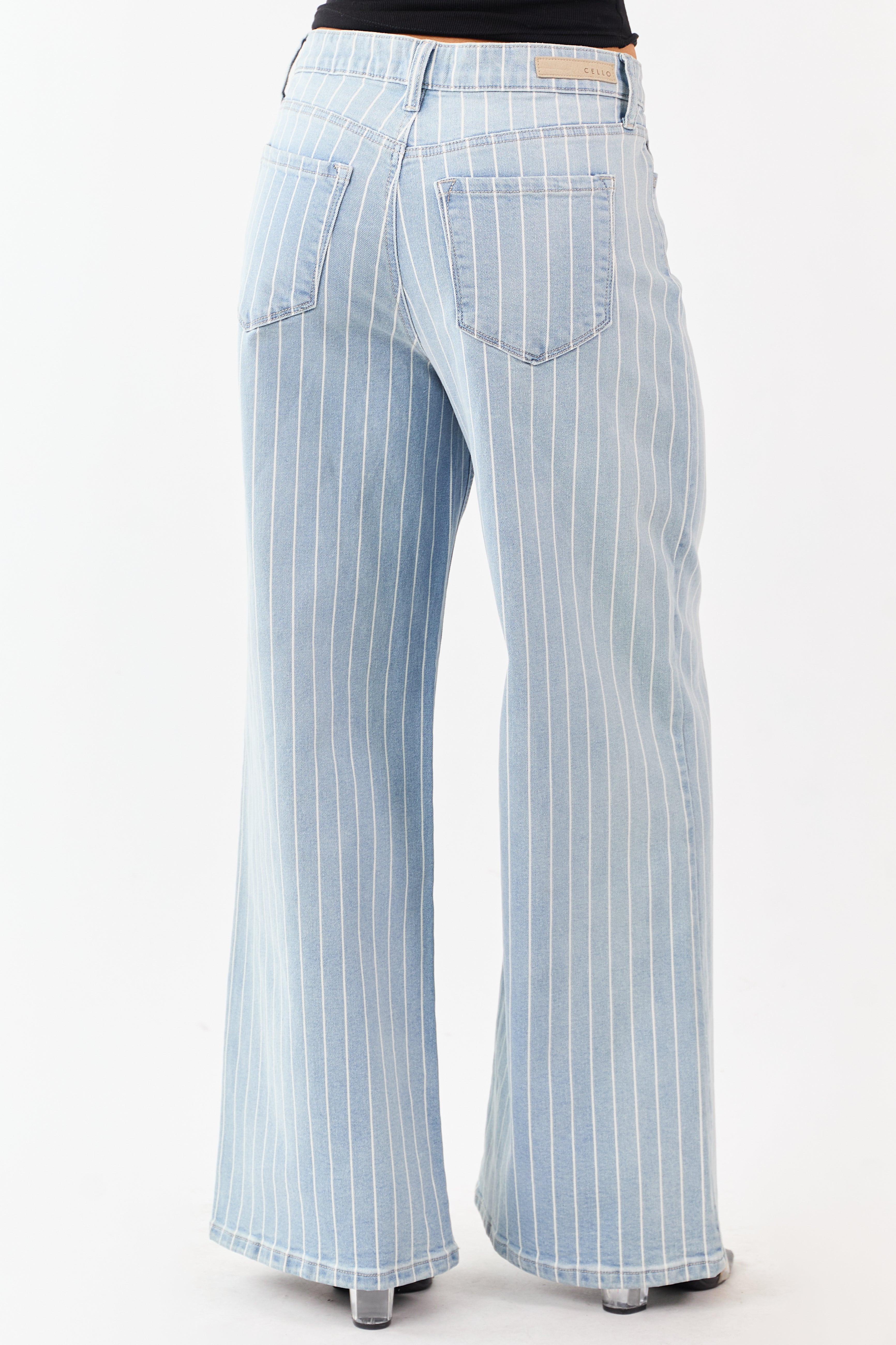 Cello Light Wash Pinstripe Stretchy Wide Leg Jeans