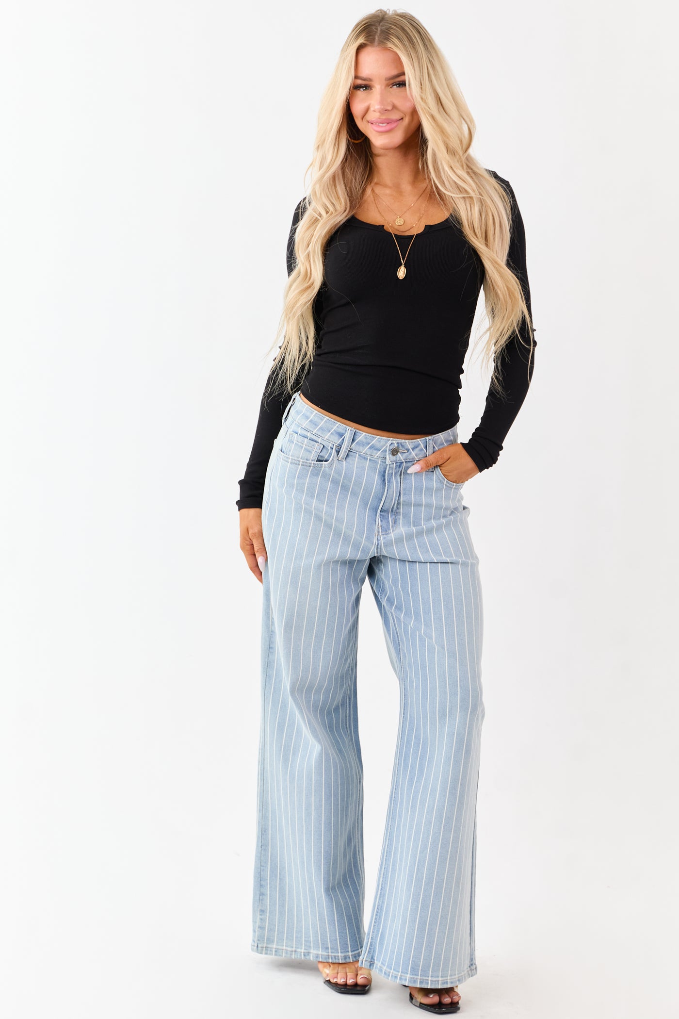 Cello Light Wash Pinstripe Stretchy Wide Leg Jeans