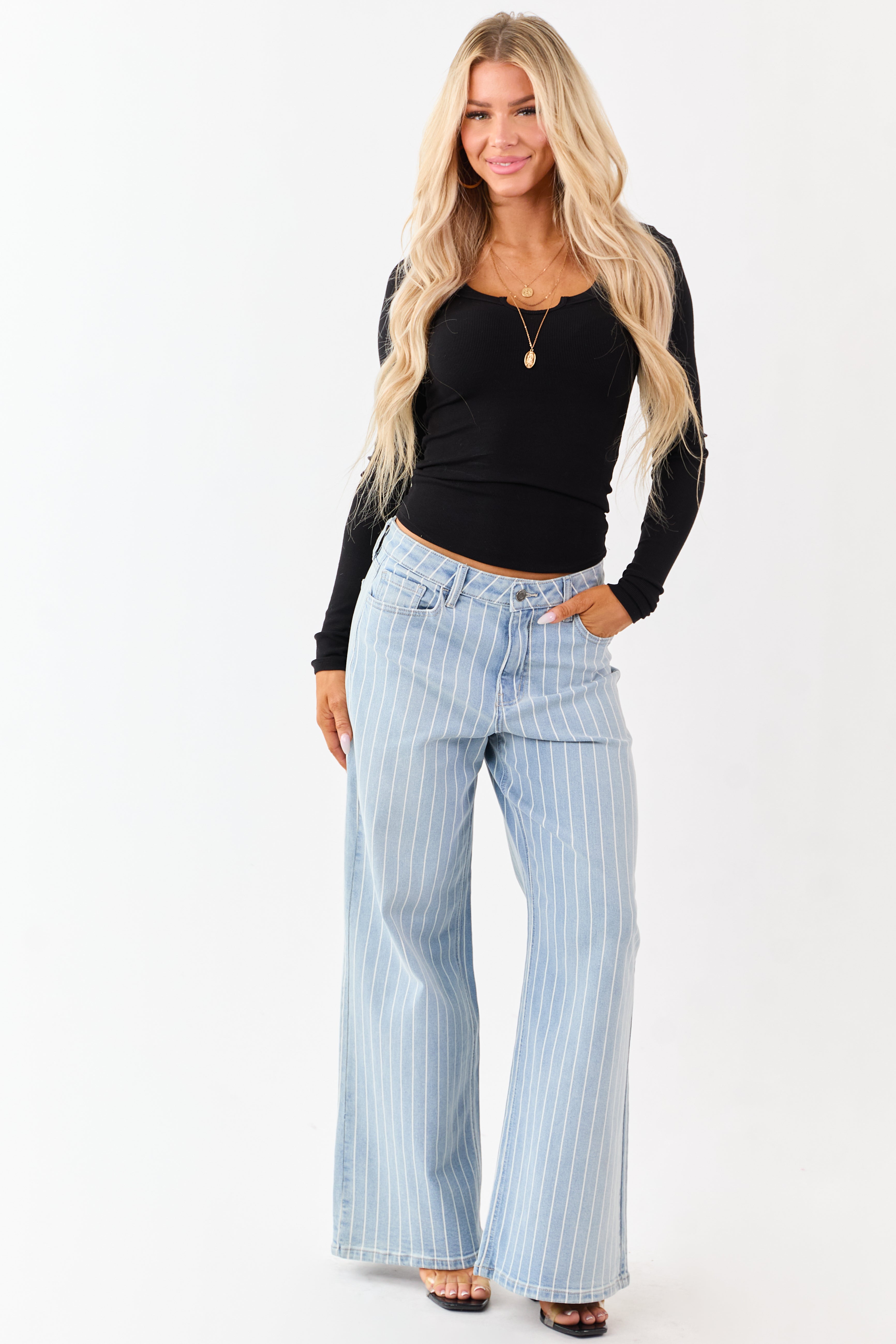 Cello Light Wash Pinstripe Stretchy Wide Leg Jeans