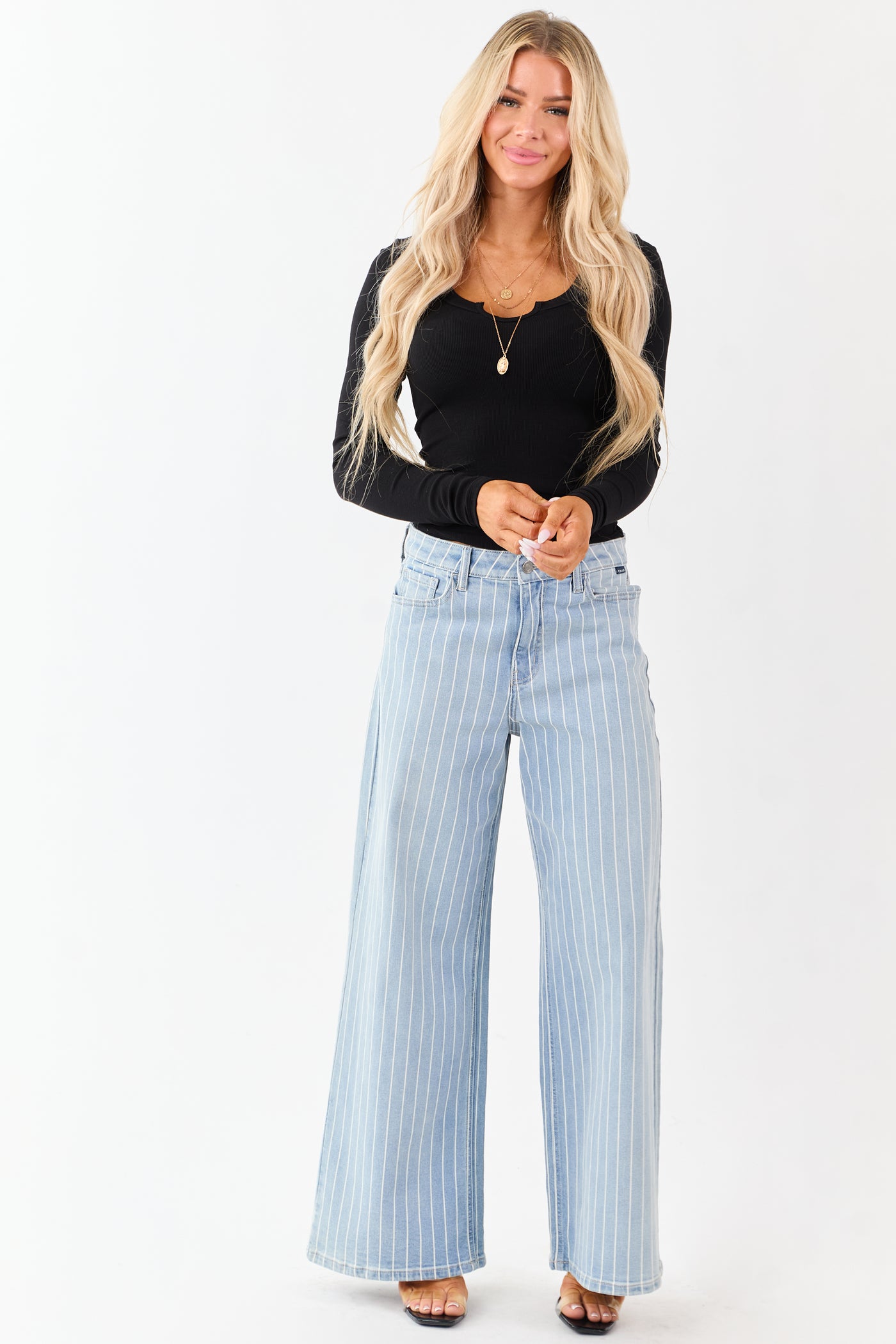 Cello Light Wash Pinstripe Stretchy Wide Leg Jeans