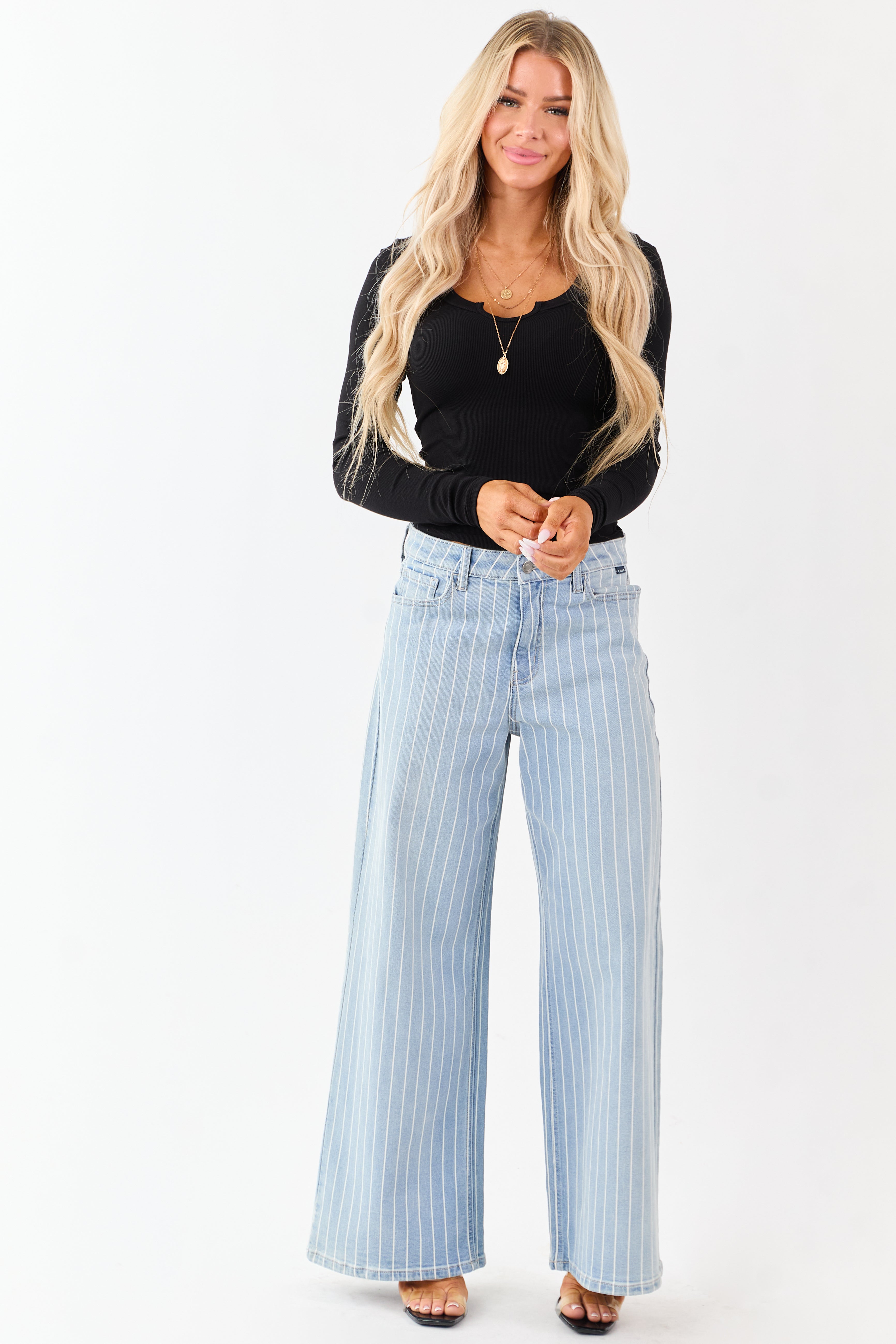 Cello Light Wash Pinstripe Stretchy Wide Leg Jeans