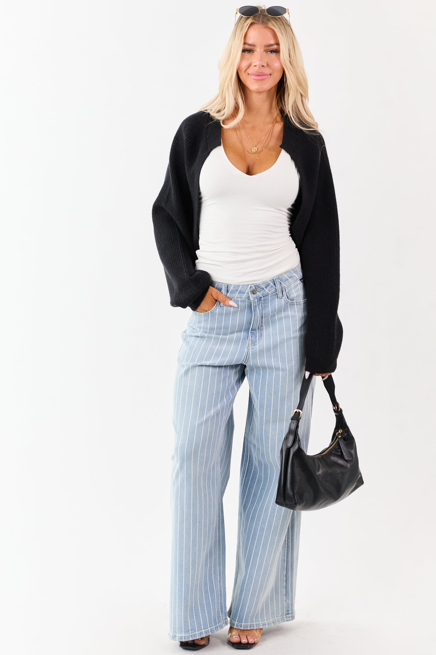 Cello Light Wash Pinstripe Stretchy Wide Leg Jeans